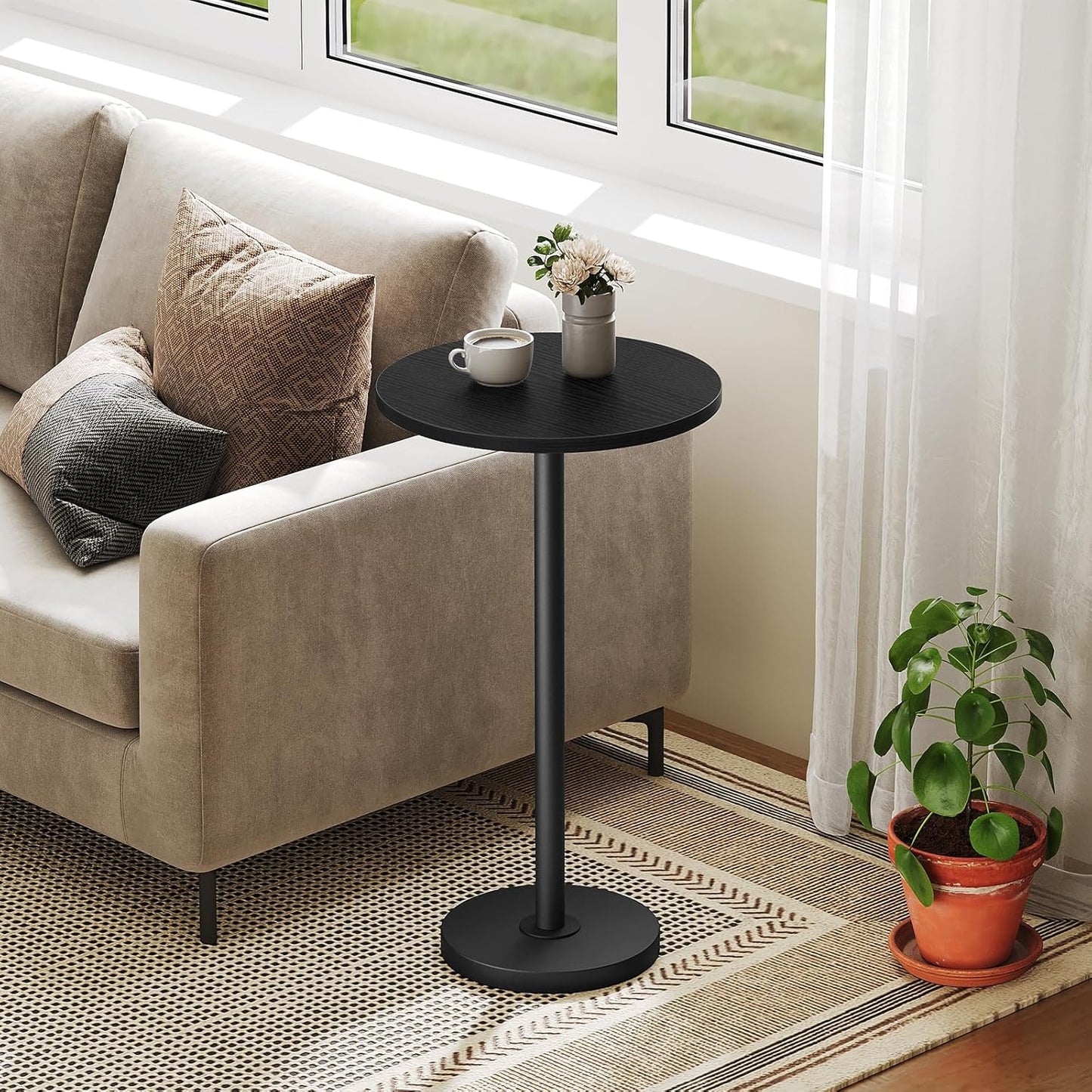 Round Side Table, Drink End Table for Small Spaces, Pedestal Style Martini Side Table in Living Room, Bedroom, Dormitory, Black ET30BB