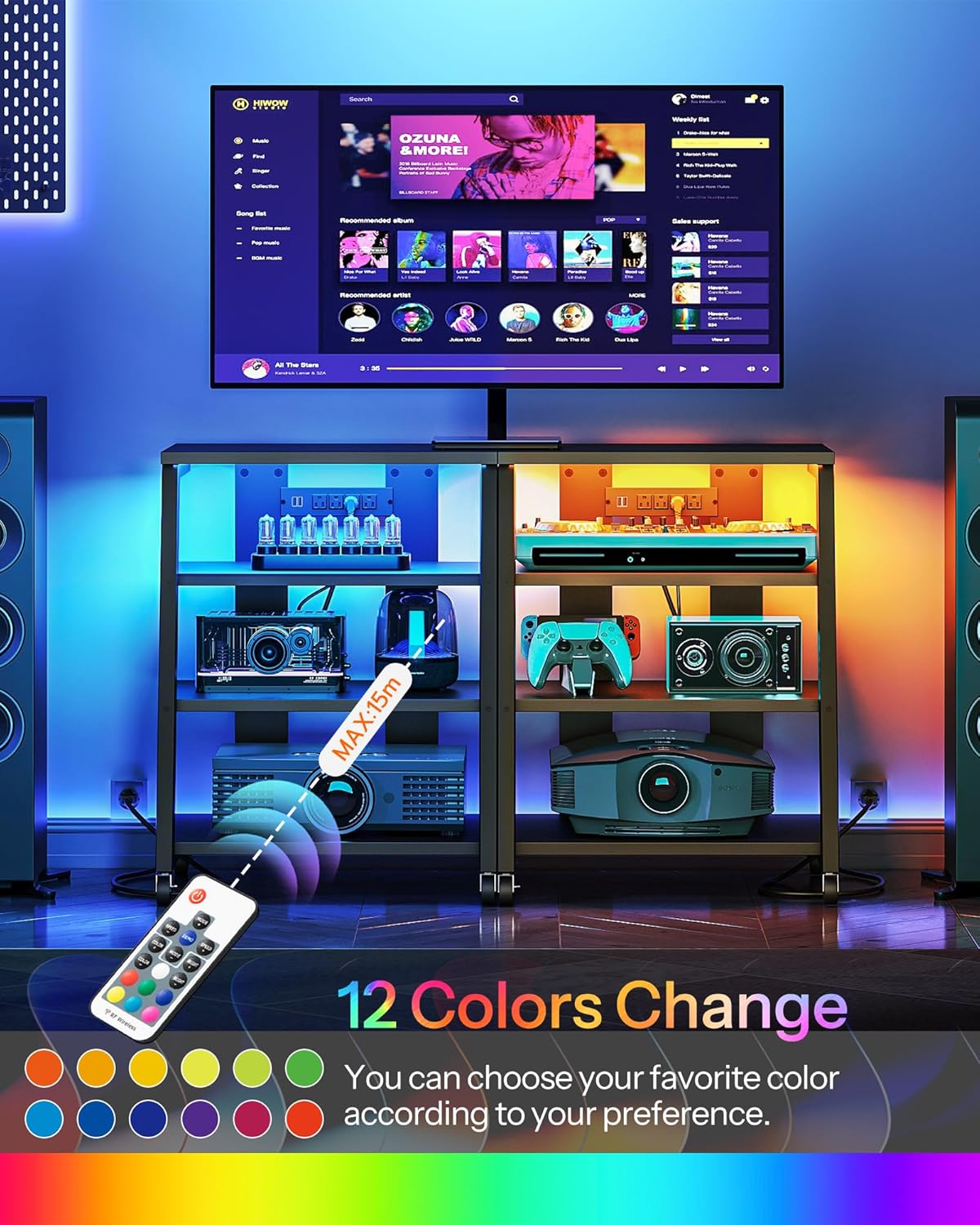 4-Tier AV Media Stand with Wheels, Stereo Stands, Media Console Shelf with Power Strips, LED Lights, Wooden Audio Cabinet Rack Tower for Record Player/Apple TV/ps4, Black TCJ60UDBB