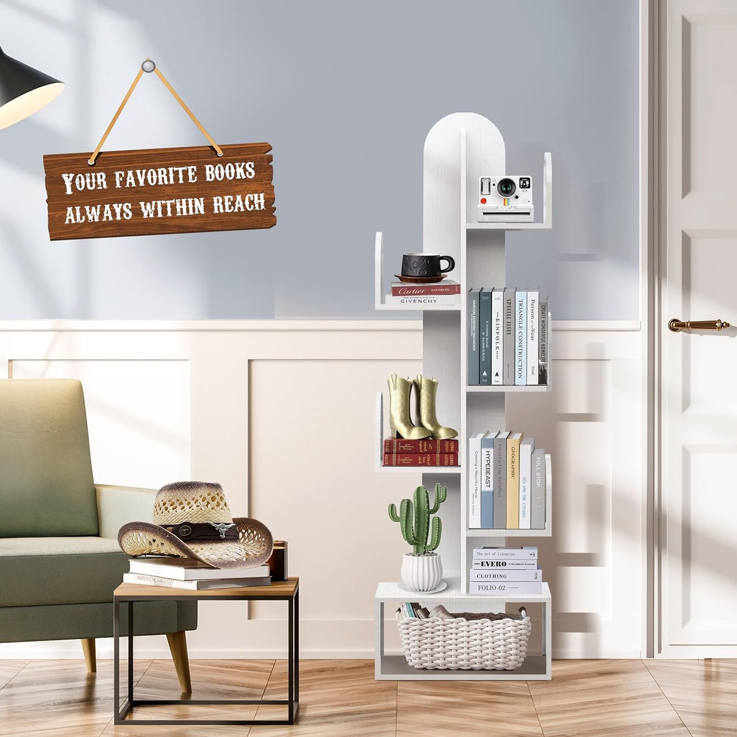 Cactus Tree Bookshelf, 5-Tier Wood 50" Tall Corner Book Storage Rack for CDs/Movies/Books, Small Space-Saving Organizer Shelves for Living Room, Bedroom, Home Office (White)