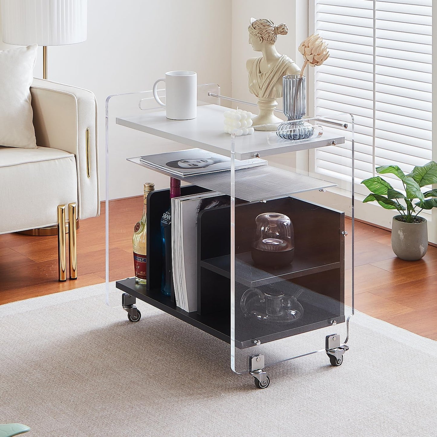 Acrylic Record Player Stand,Vinyl Storage Holder Cabinet with Wheels,Large Turntable Stand with Shelf,Coffe Table Movable End Table Nightstand Stereo Cabinet for Living Room Bedroom Office