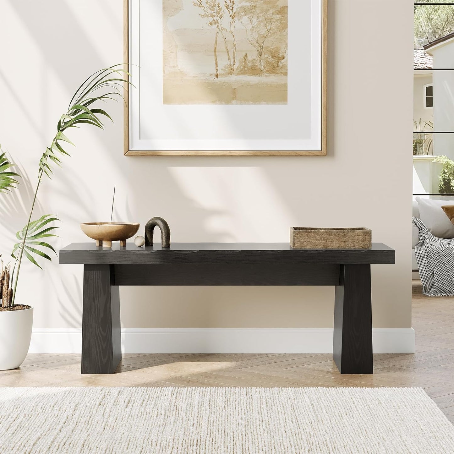 LITTLE TREE 47-Inch Wooden Entryway Bench, Farmhouse Dining Bench with Sturdy Frame for Dining Room, Bedroom, Living Room Hallway Kitchen, Easy Assembly (Black)