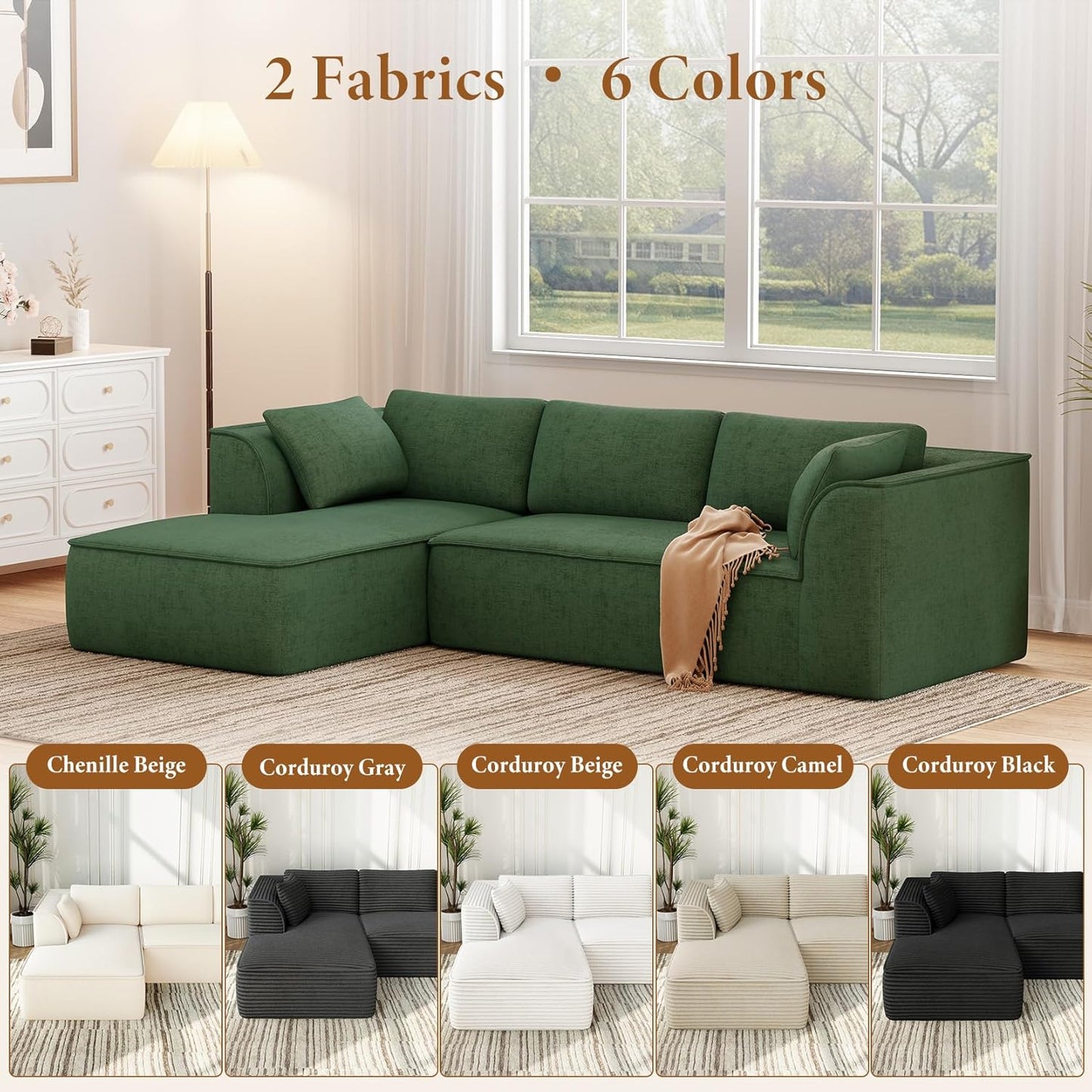 Vesgantti 106" Cloud Couch Sectional Modular Sofa, Deep Seat Comfy Cloud Couch Chenille Memory Foam Sofa Modular Couches for Living Room Bedroom, No Assembly Required (Green, Left-Facing Chaise)