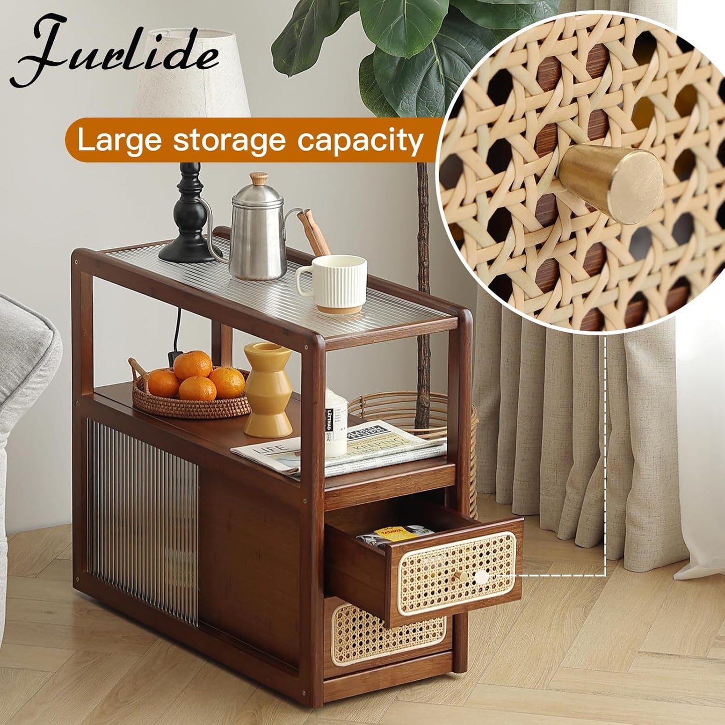 Rattan Nightstand Side Table with Storage, Bamboo Nightstand Bedside Table, Glass Mid Century Modern End Tables for Small Spaces, Living Room, Bedroom,Walnut