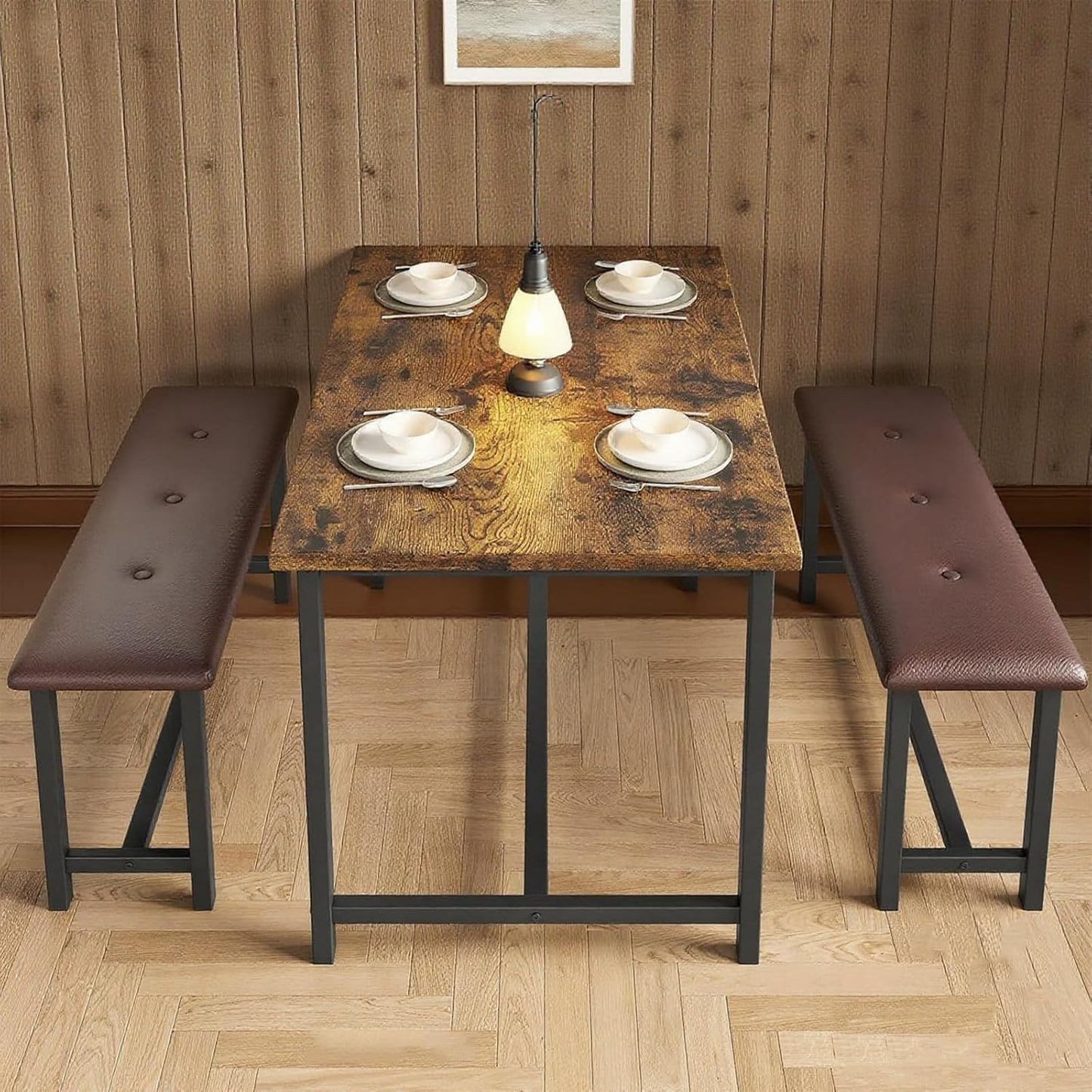 Garvee Dining Table with 2 Benches, Kitchen Table with 2 Upholstered Benches Rectangular Space Saving for Apartment, Dining Room, Kitchen, 44.5 Inches Large, Rustic Brown