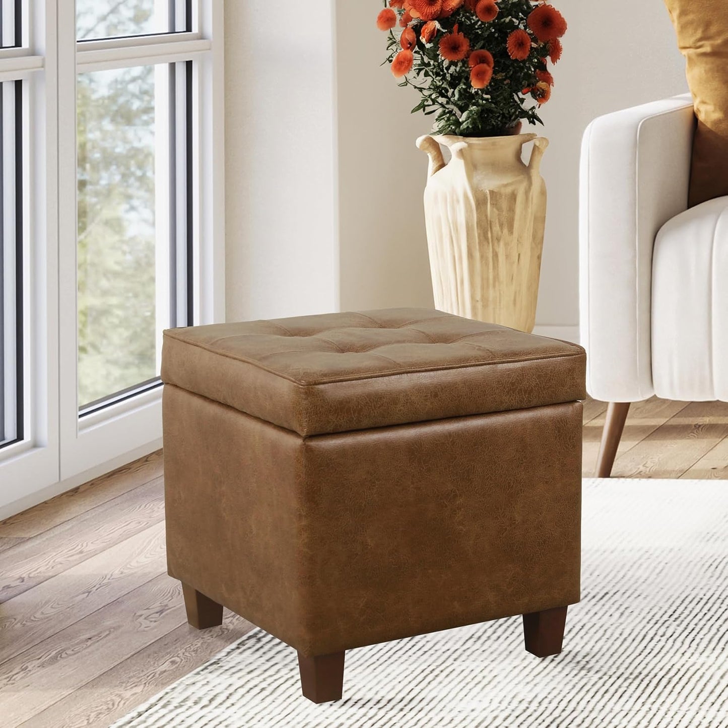 HomePop Square Tufted Storage Ottoman - Distressed Brown Faux Leather Small