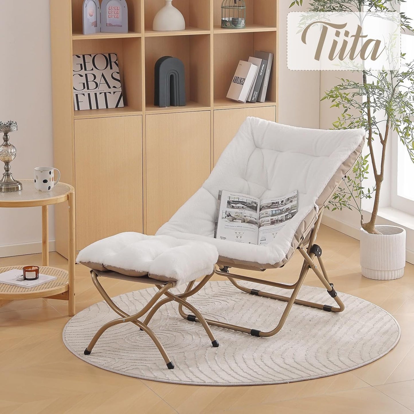 Tiita Folded Chair with Ottoman, Soft Faux Fur Oversized Folding Accent Chair,Lounge Lazy Chair, Metal Frame Moon Chair for Bedroom, Living Room, Dorm Rooms, Garden and Courtyard