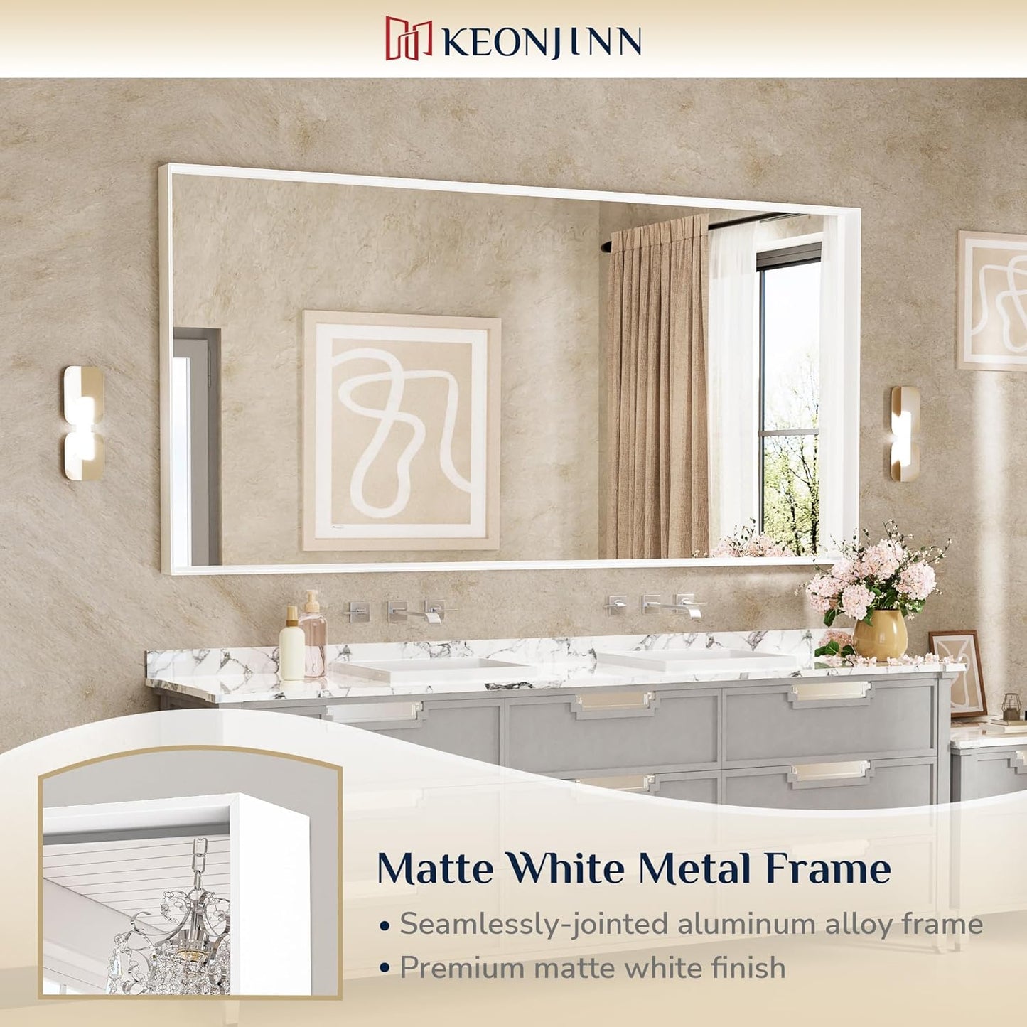 Keonjinn White Bathroom Mirrors for Over Sink 72 x 36 Inch Large Bathroom Vanity Mirror for Wall Metal Frame Modern Rectangle Mirror Square Corner Matte White Rectangular Mirror(Horizontal/Vertical)