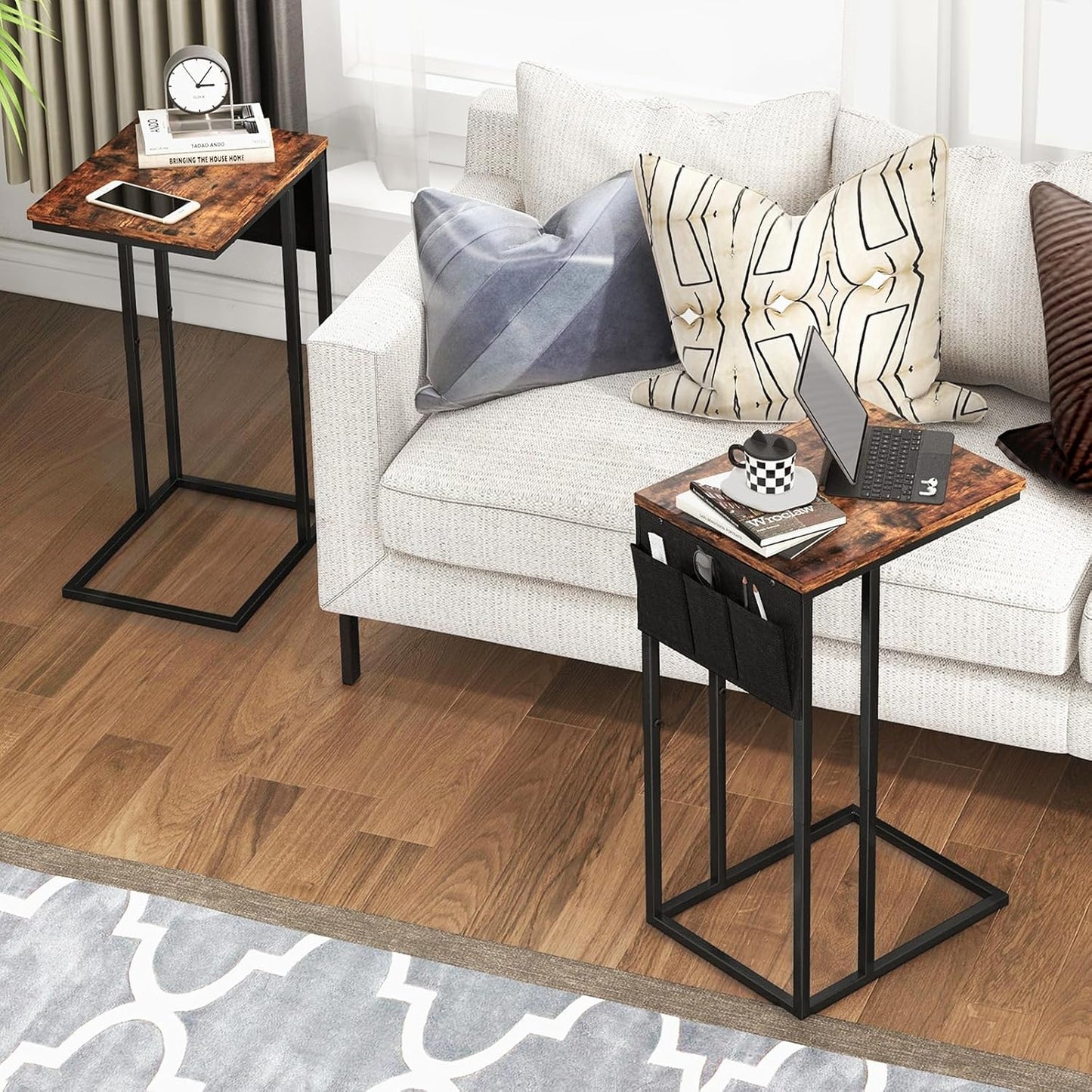 C Shaped End Table for Couch, Small Side Table for Sofa With Storage Bag, TV Tray for Living Room, Bedside Table for Bedroom, Snack End Table, Brown