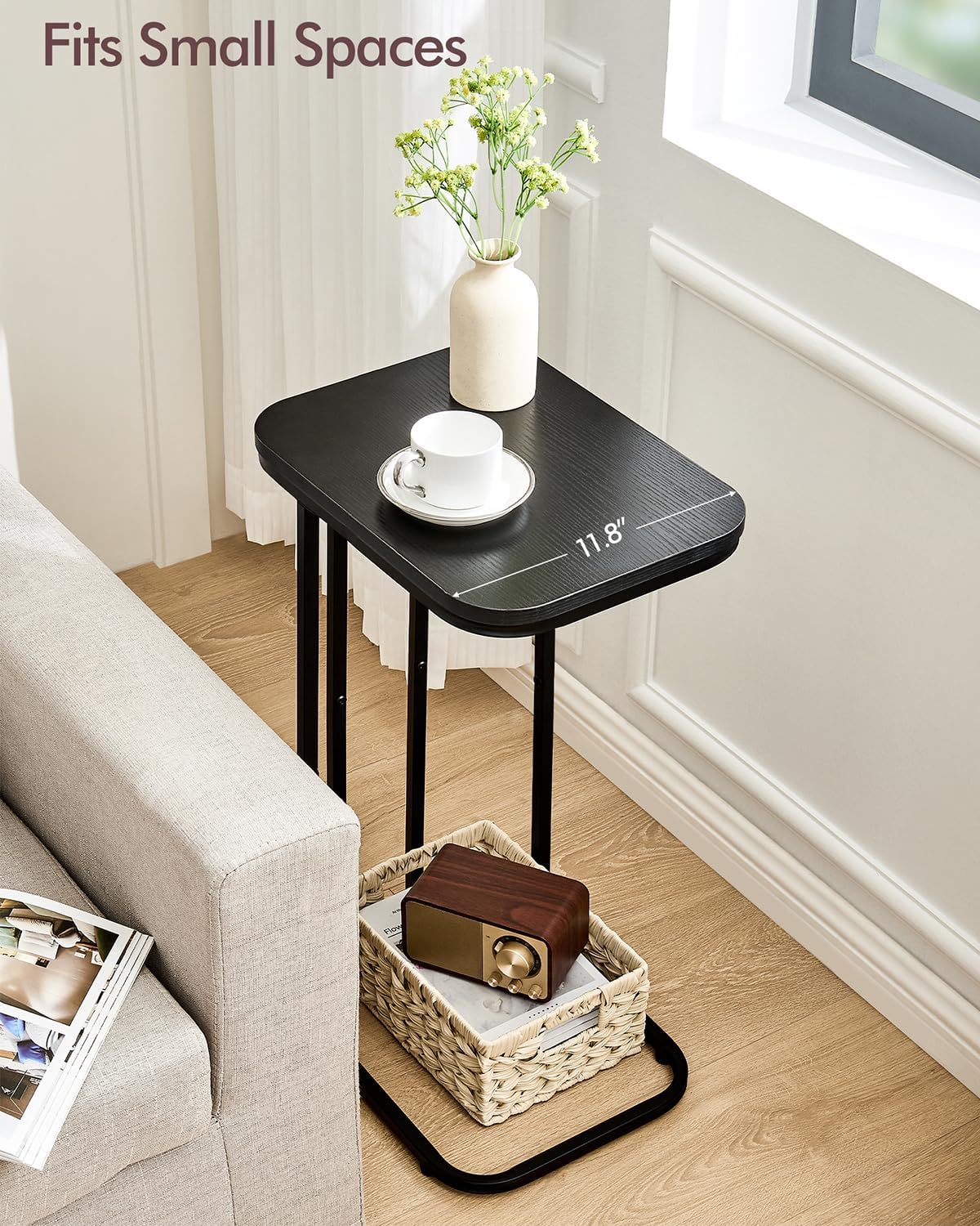 C Shaped End Table, 27 Inches High Small Side Table for Sofa and Bed, Couch Table That Slides Under, Tall Tv Tray Table for Living Room, Bedroom, Metal Frame, Ebony Black