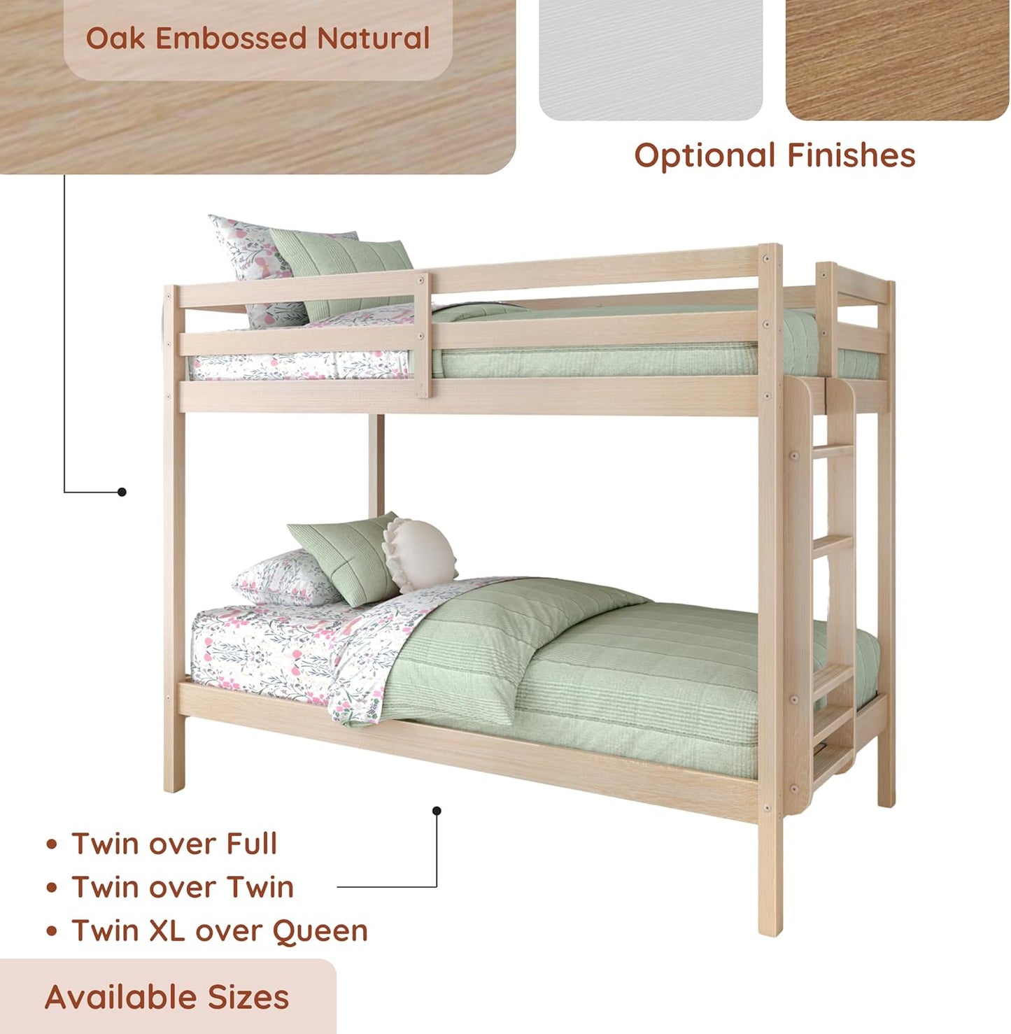 Grain & Grove Bear Twin Over Twin Bunk Bed, Sturdy Bunk Bed Frame for Kids, Plywood Bunk with Ladder, Guardrail, and Slats, No Box Spring Required, Oak Embossed Natural