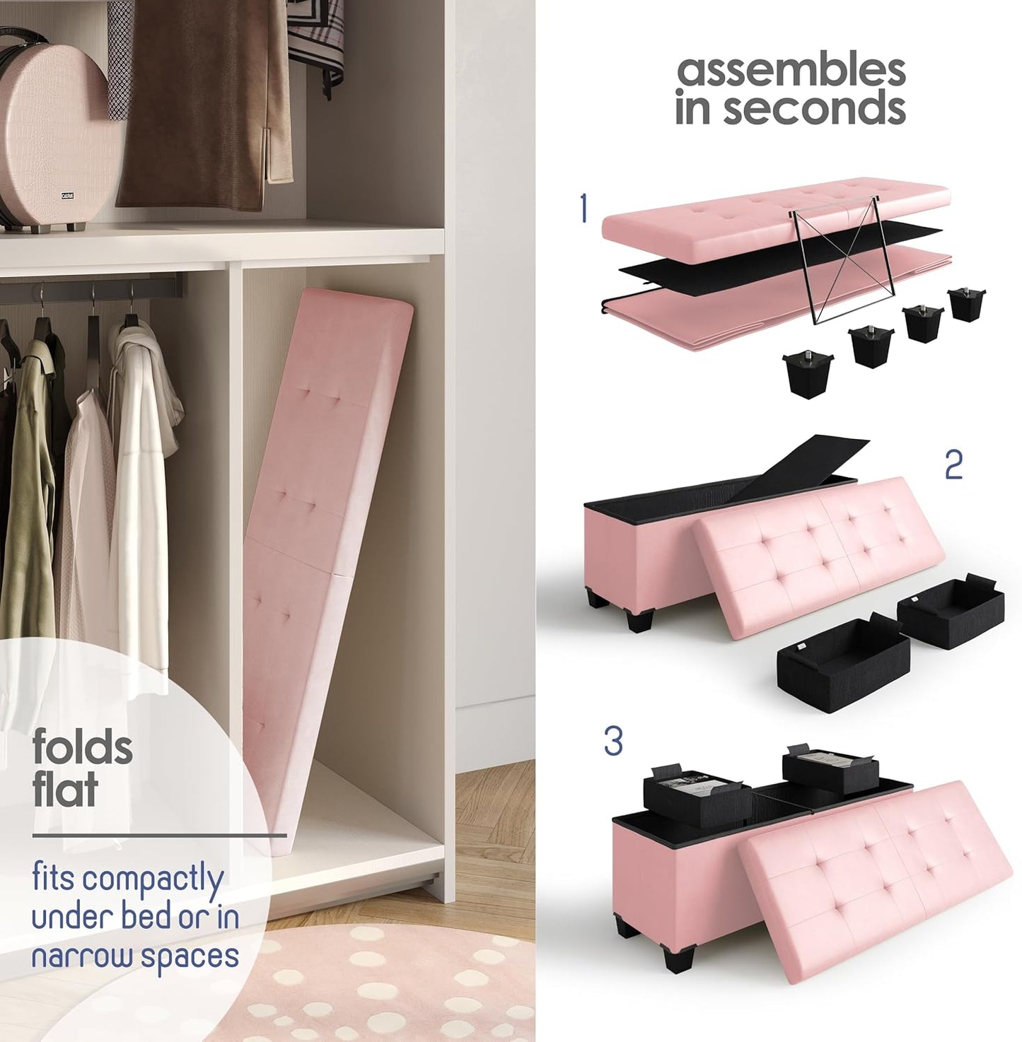 STORAGEBUD Storage Ottoman Bench with Bins, 43-in Storage Bench for Bedroom End of Bed, Folding Foot Rest Ottoman for Living Room Max 660lbs, Faux Leather Ottomans, Pink