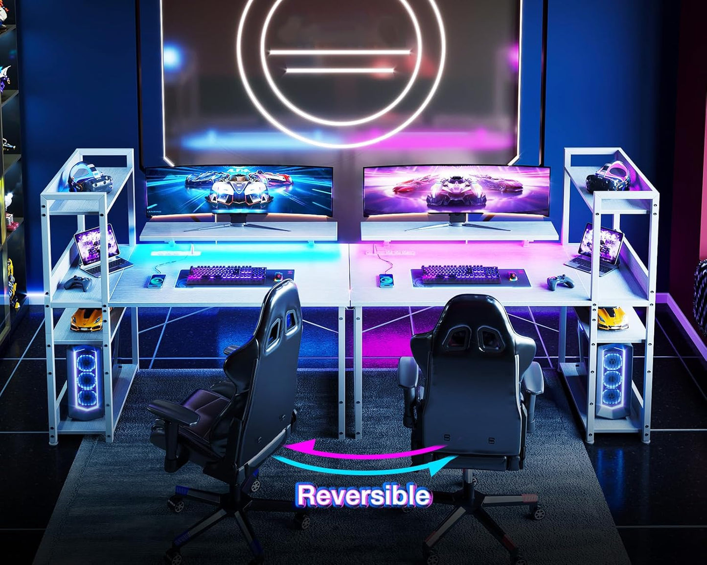 ODK Reversible Gaming Desk with USB Charging Port and LED Lights, 40 Inch Computer Desk with Storage Shelves & Monitor Stand, Writing Study Table for Home Office, Small Space Bedroom, White