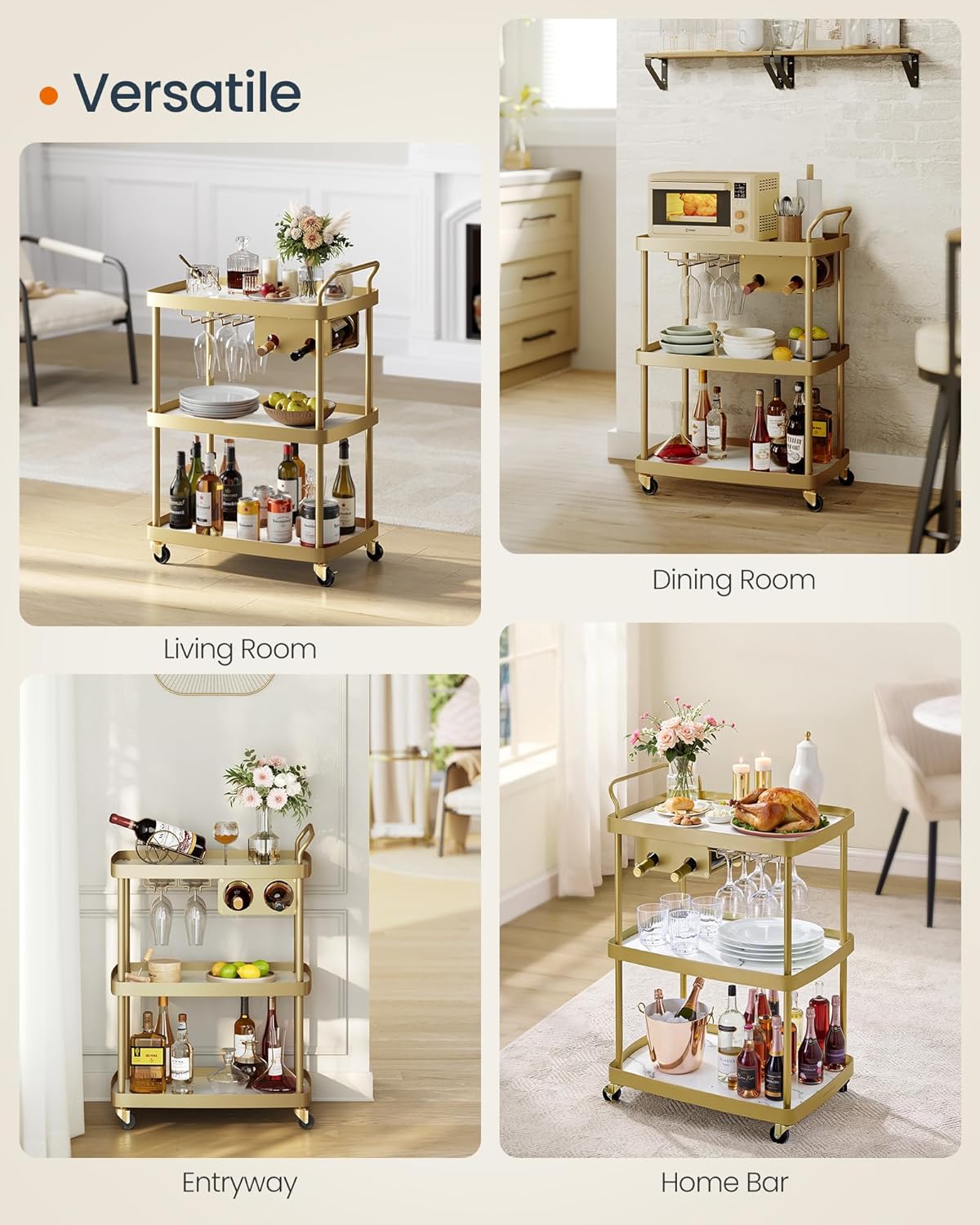 SONGMICS HOME Bar Cart, Home Bar Serving Cart with 3-Tier Shelf, Flexible Wine Bottle Rack and Glass Holder, Drink Beverage Cart, Microwave Cart, Kitchen, Marble White and Pale Gold ULRC291A02