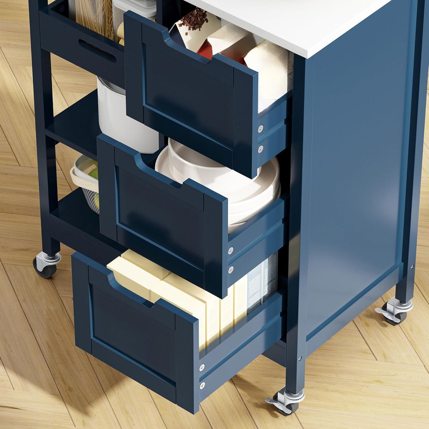 YITAHOME Small Solid Wood Top Kitchen Island Cart on Wheels with Storage, Rolling Portable Dining Room Serving Utility Carts Mobile Movable with 3 Drawers Cabinet, Navy Blue