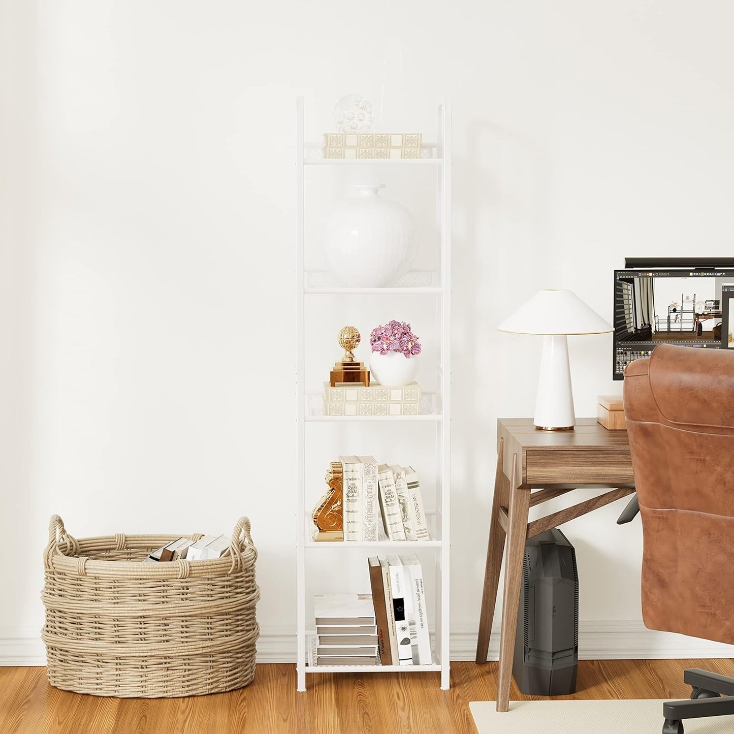 Bookshelf Storage Shelf Bookcase Freestanding Storage Stand for Living Room, Bedroom, Kitchen, Rust Resistance, Easy Assembly Free Combination Multi-Functional Organizer (5 Tiers,White)