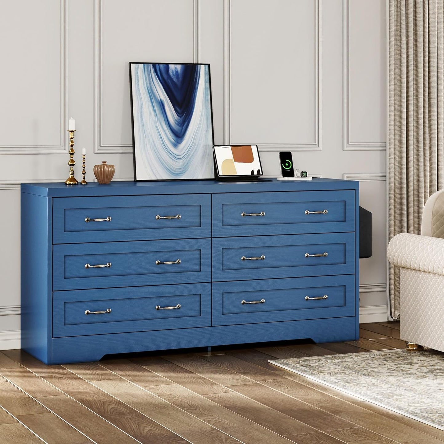 YITAHOME Drawers TV Stand for 65 inches with Power Outlets -Chest of Drawers Dresser with Side Organizer Bag Entertainment Center TV Console, Blue