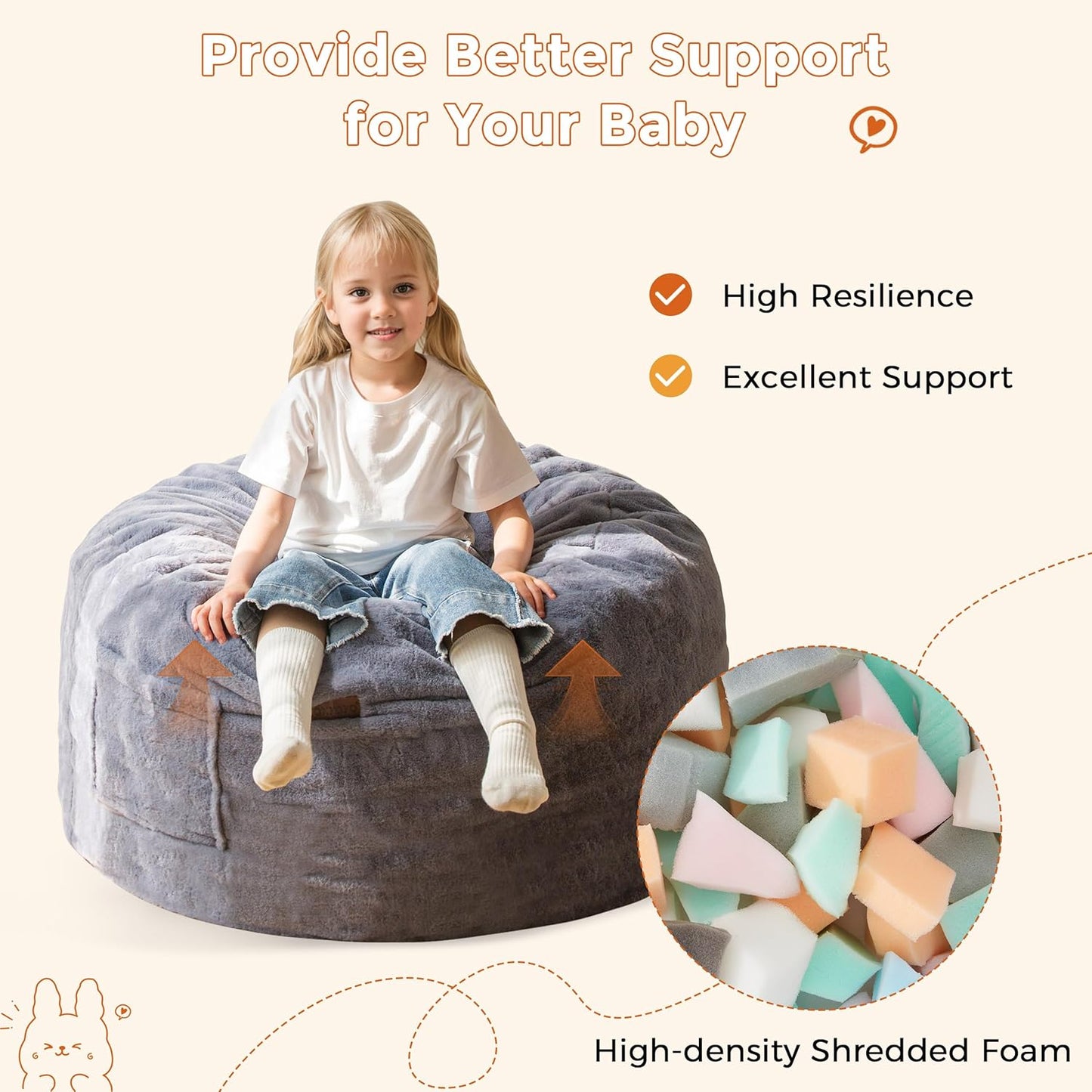 MAXYOYO Kids Bean Bag Chair, Stuffed Faux Fur Bean Bag for Toddler, Ultra Soft Floor Sofa with High-Density Foam Filling, Lazy Chair for Living Room, Playroom, Nursery Room