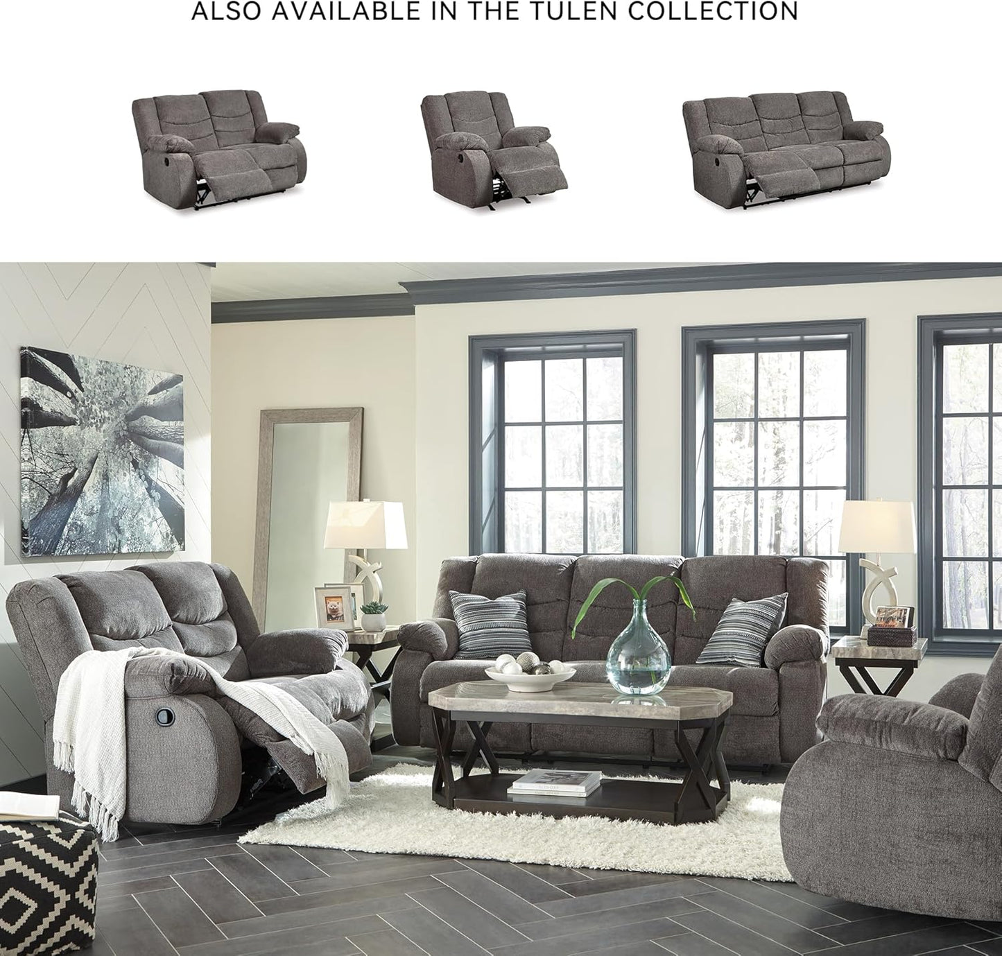 Signature Design by Ashley Tulen Modern Manual Pull Tab Reclining Sofa, Dark Gray