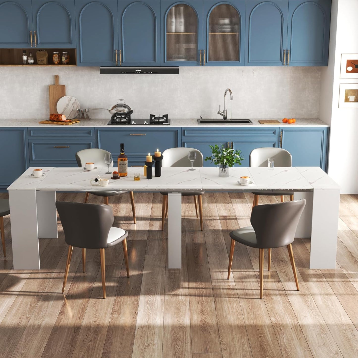 KEIKI 20”-118.5”L Extendable Foldable Dining Room Table for 1-10 People, Wood Modern Rustic Rectangle Expandable Kitchen Living Meeting Room Furniture, 6 Tabletop Length Options, Marble White