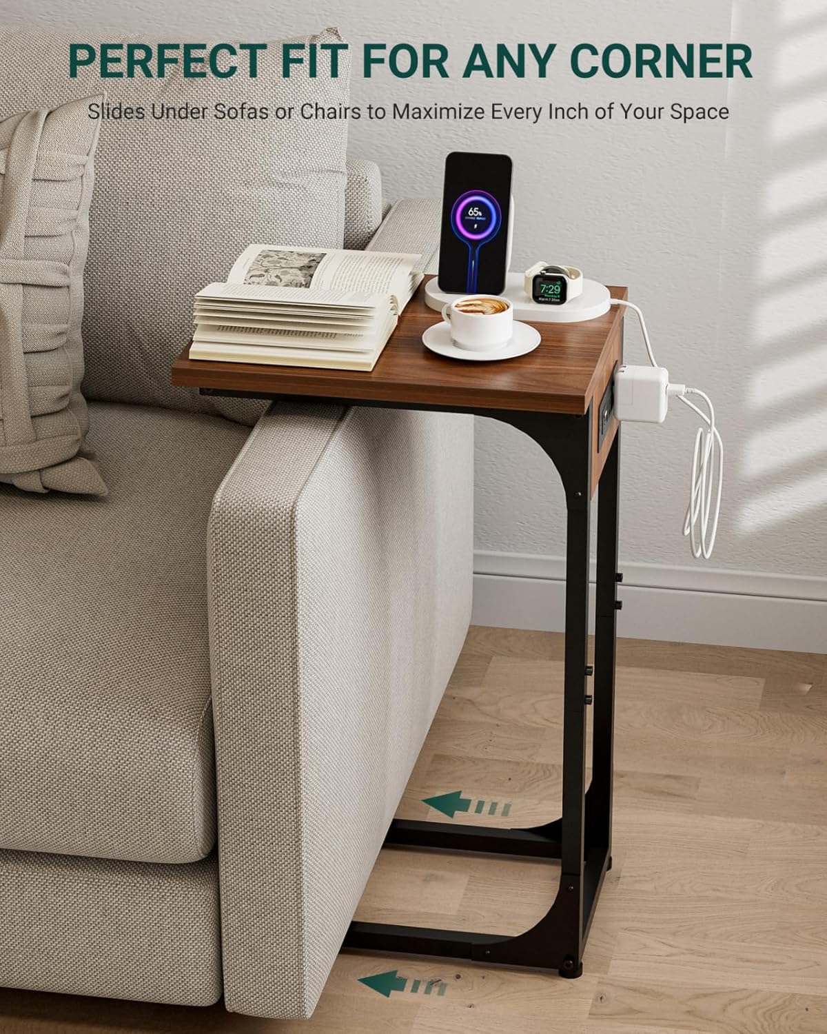 C-Shaped Side Table for Couch - Small Coffee Stand Sofa Tray Desk with Metal Frame Waterproof Scratch Resistant Wood Top and Built-in Charging Station, Rustic Walnut
