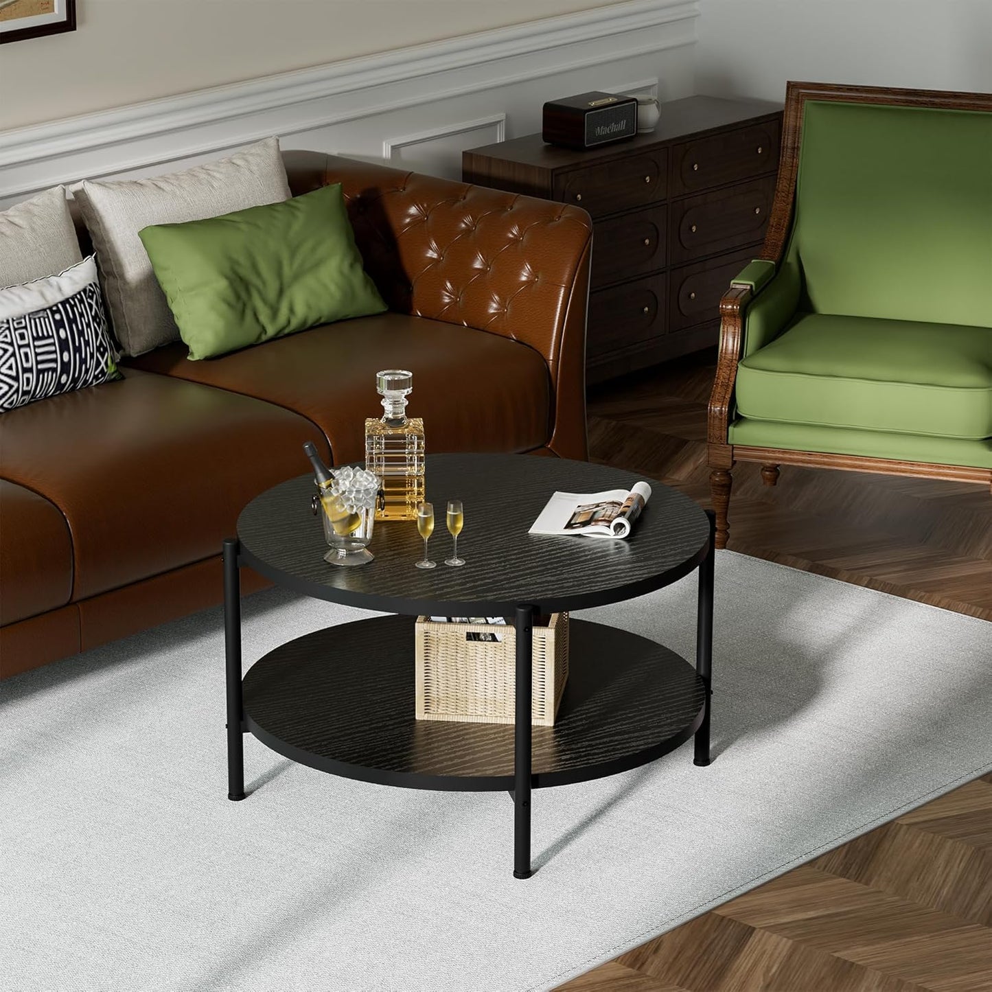 Round Coffee Table, 27.6" Circle Coffee Table for Living Room, 2-Tier Wood Accent Center Table with Open Storage Industrial Design Home Furniture, Black