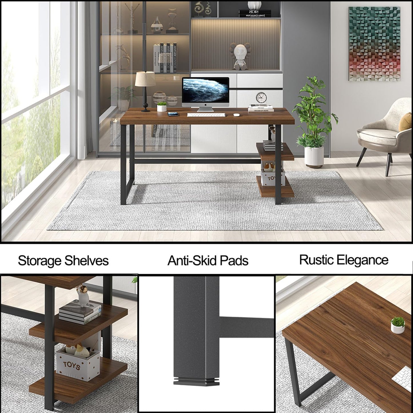 FOLUBAN Modern Computer Desk, Wood Home Office Desk, Study Writing Gaming Table Workstation with Storage Shelves for Living Room Bedroom, Rustic Walnut, 53 Inch
