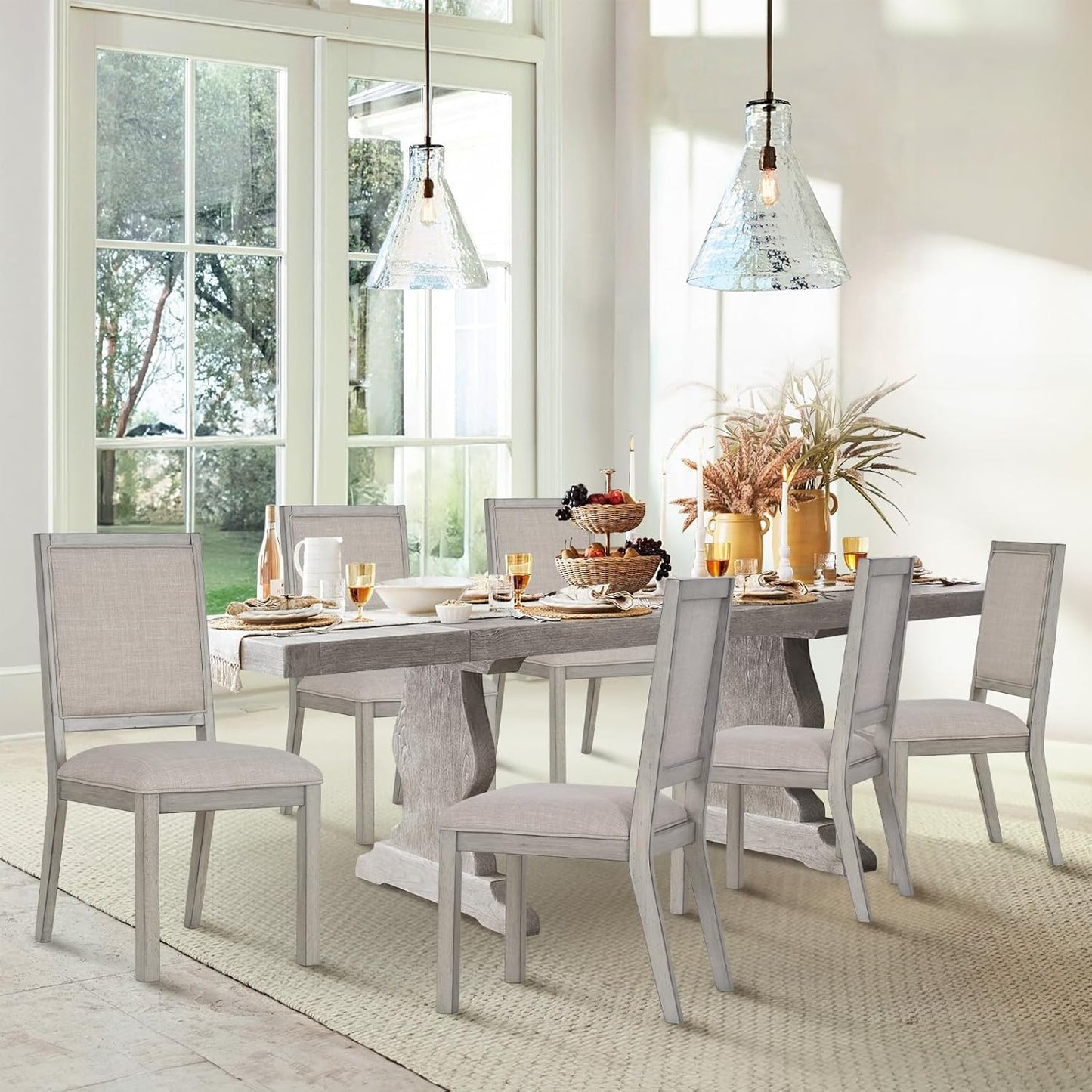 COLAMY Modern Rectangular Dining Table Set, 60" L x 36" W x 30" H, Grey Wood & Fabric, 6 Person Capacity, Requires Assembly