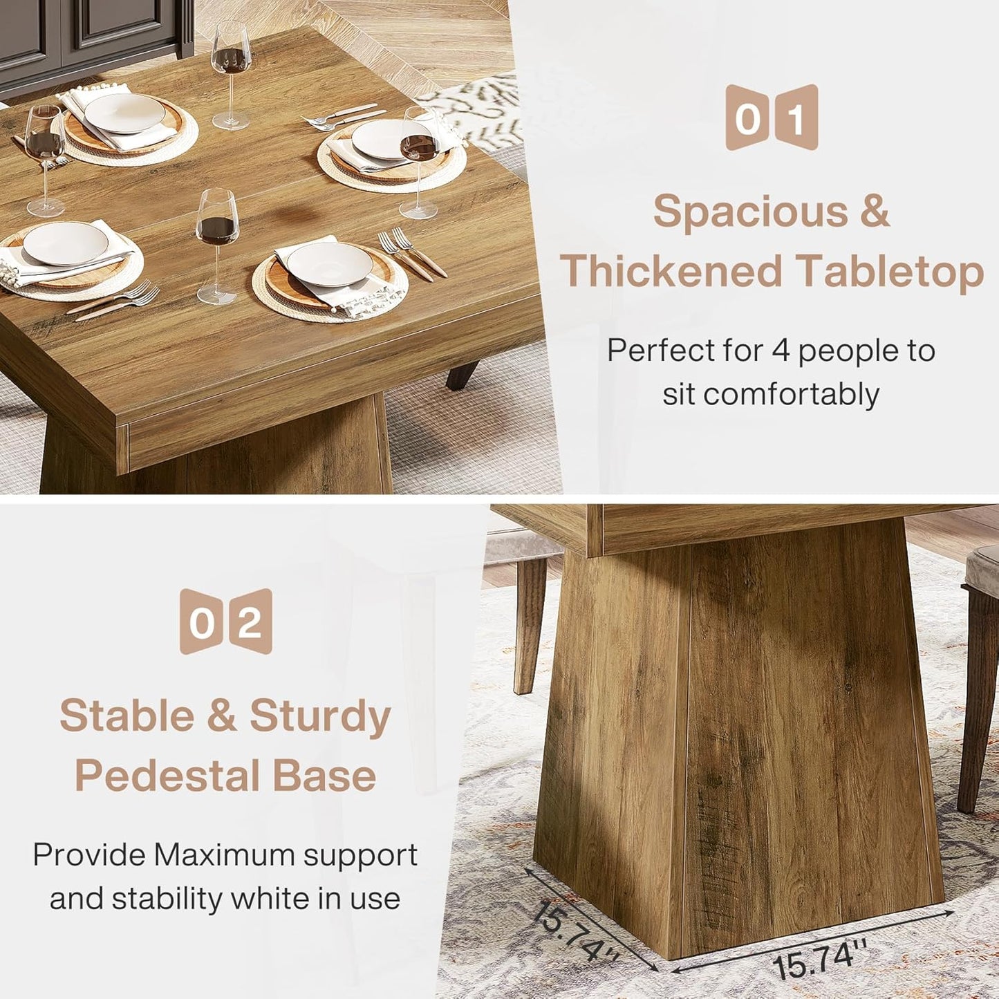 Tribesigns Square Dining Table for 4, 31.5-Inch Small Kitchen Table with Sturdy Pedestal Base, Farmhouse Dinner Table for Dining Room, Living Room, Kitchen (Brown)