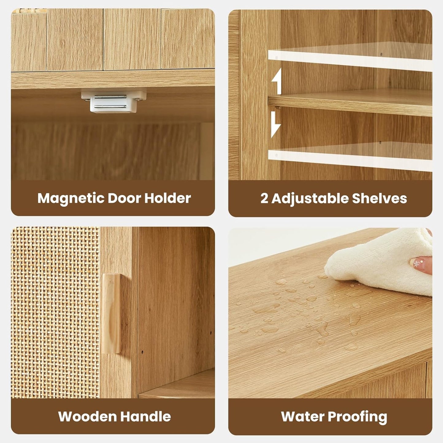 Iwell Rattan Storage Cabinet with 4 Adjustable Shelves, Coffee Bar Cabinet, Sideboard Buffet for Kitchen, Living Room, Entryway, Natural