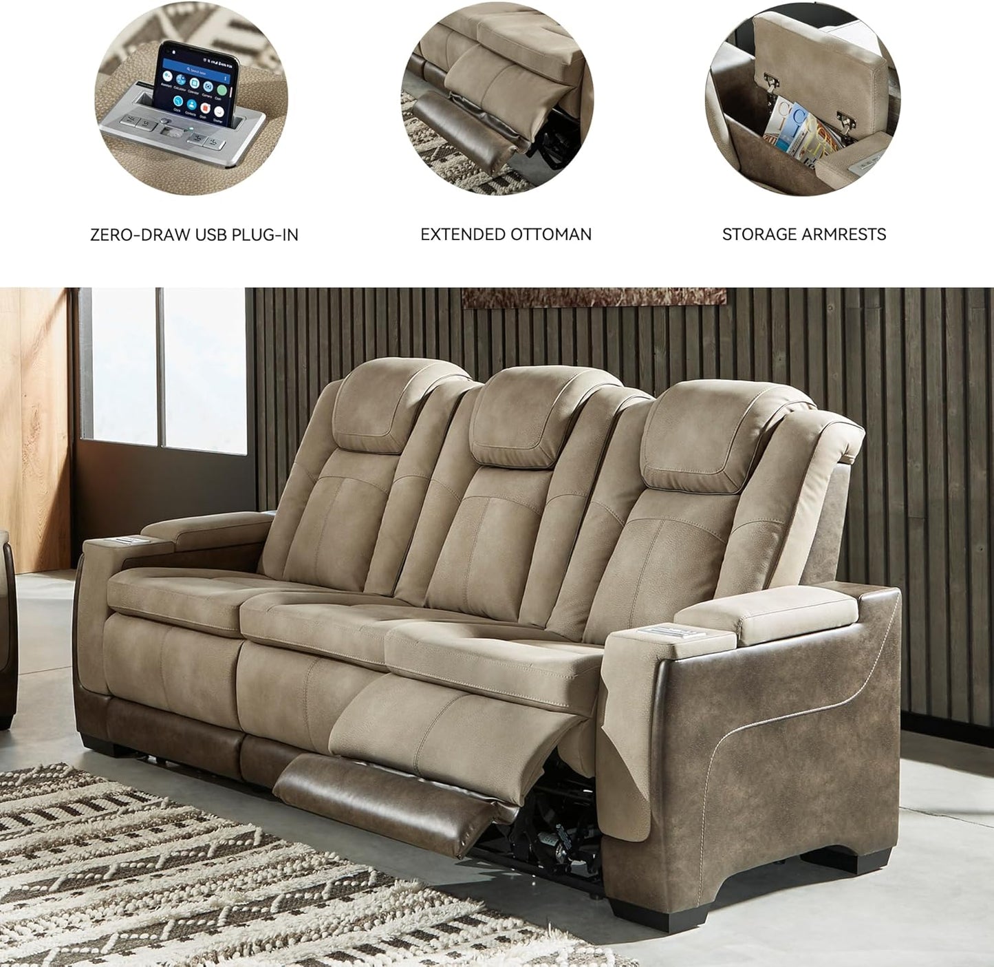Signature Design by Ashley Next-Gen DuraPella Power Reclining Sofa with Adjustable Headrest, Sand