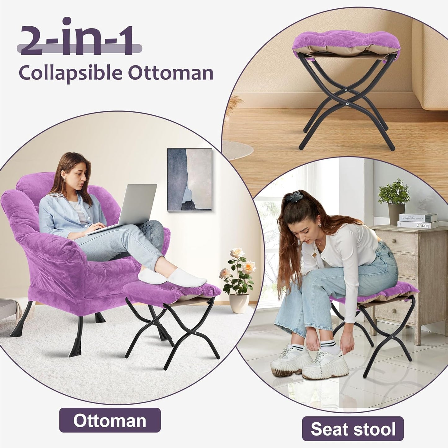 Fabric Lazy Chair with Ottoman, Oversized Upholstered Sofa Chair for Adults, Plush Comfy Lounge Chair with Large Side Storage Pocket, Reading Chair for Living Room, Bedroom, Office, Purple
