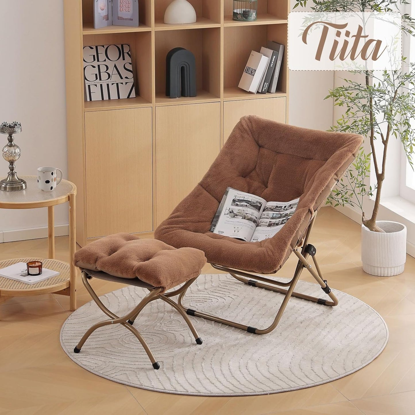 Tiita FoldedChair with Ottoman, Soft Faux Fur Oversized Folding Accent Chair,Lounge Lazy Chair, Metal Frame Moon Chair for Bedroom, Living Room, Dorm Rooms, Garden and Courtyard