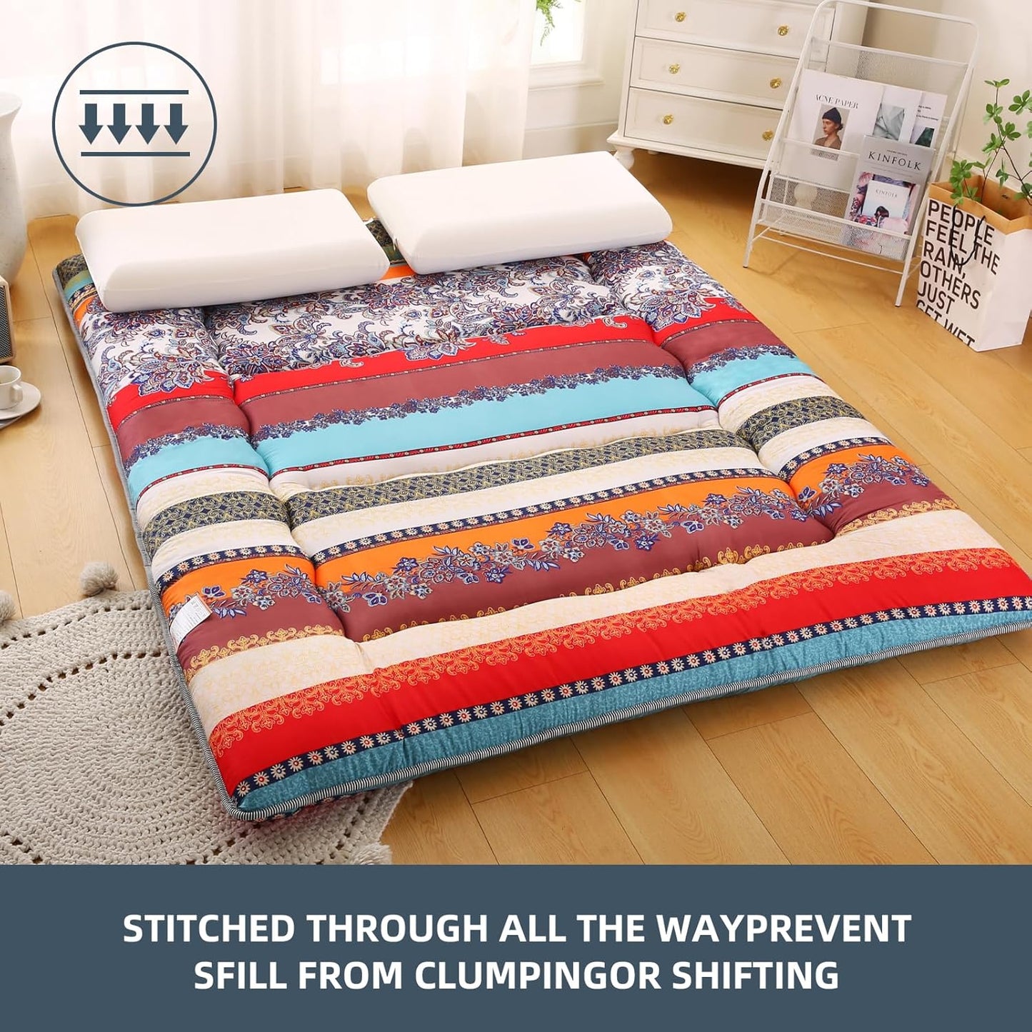 Bohemian Retro Japanese Floor Mattress, Vintage Floral Tatami Floor Mat, Portable Roll up Futon Mattress for Guest,Tavel (B,Full 80" X 47")