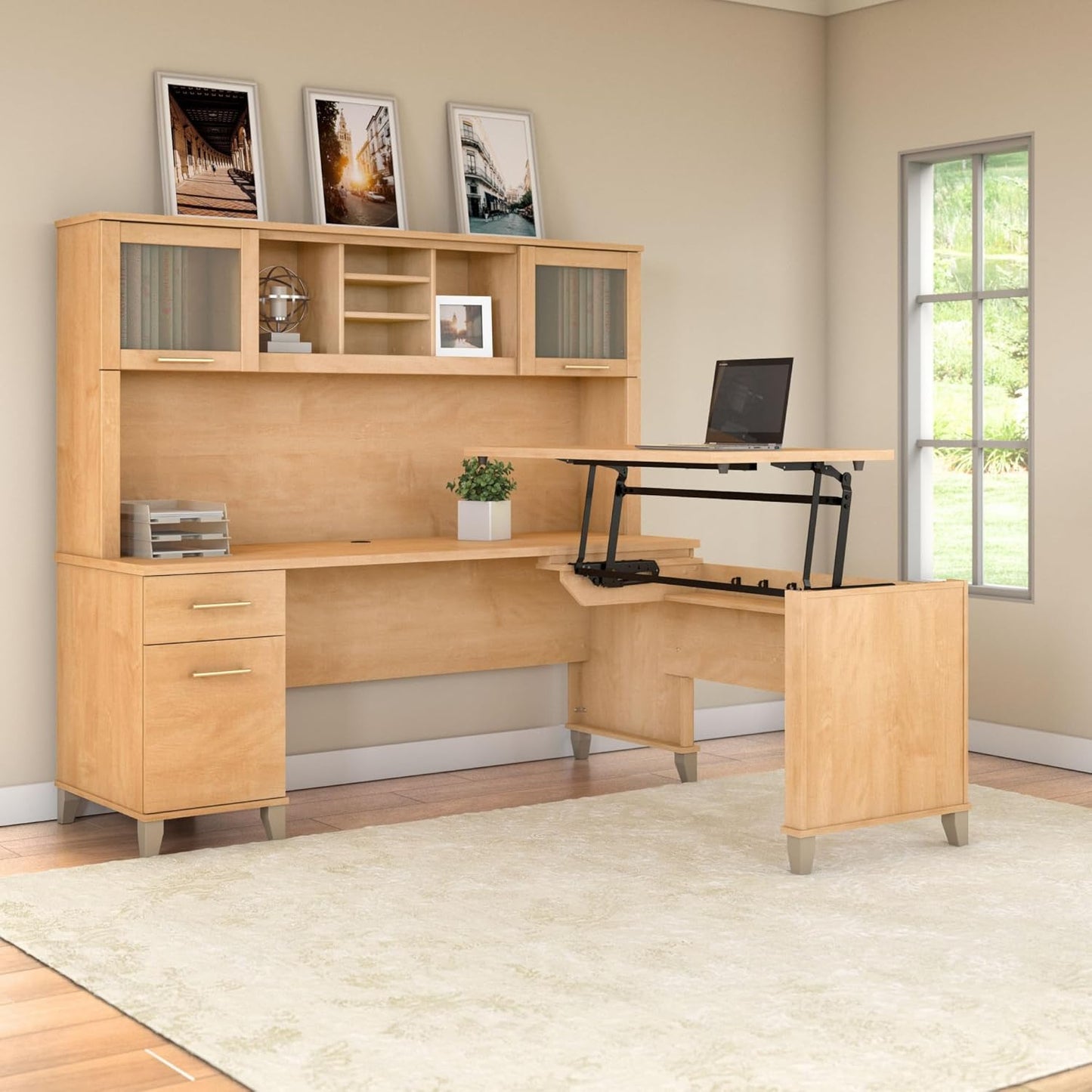 Bush Furniture Somerset 3 Position Sit to Stand L Shaped Desk with Hutch in Maple Cross Ergonomic Height Adjustable Standing Computer/Laptop Table for Home Office