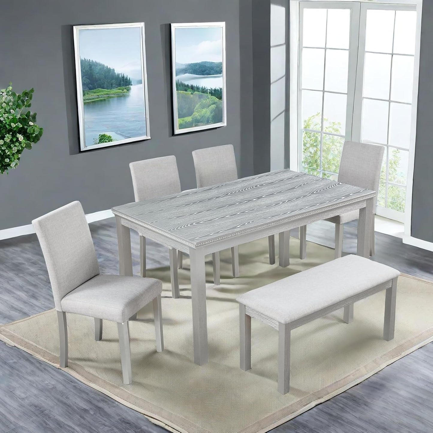 Dining Table Set, 6-Piece Kitchen Table & Chair Set with Rectangular Crystal Decoration & 4 Upholstered Chairs & a Bench, Wooden Dining Set, Silver Gray