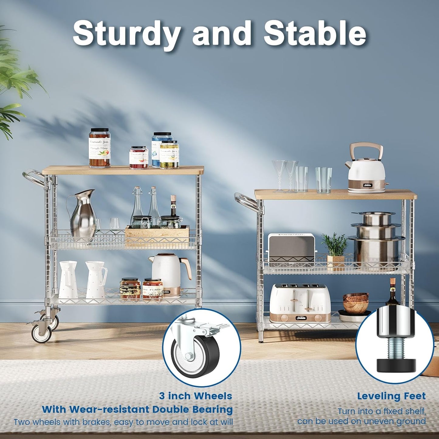 Leteuke Rolling Kitchen Carts with Wheels, 34" L x 17.5" W, 3-Tier Heavy Duty Utility Cart with Wood Tabletop, NSF Commercial Metal Serving Cart with Handle and Shelf Liner for Kitchen, Chrome