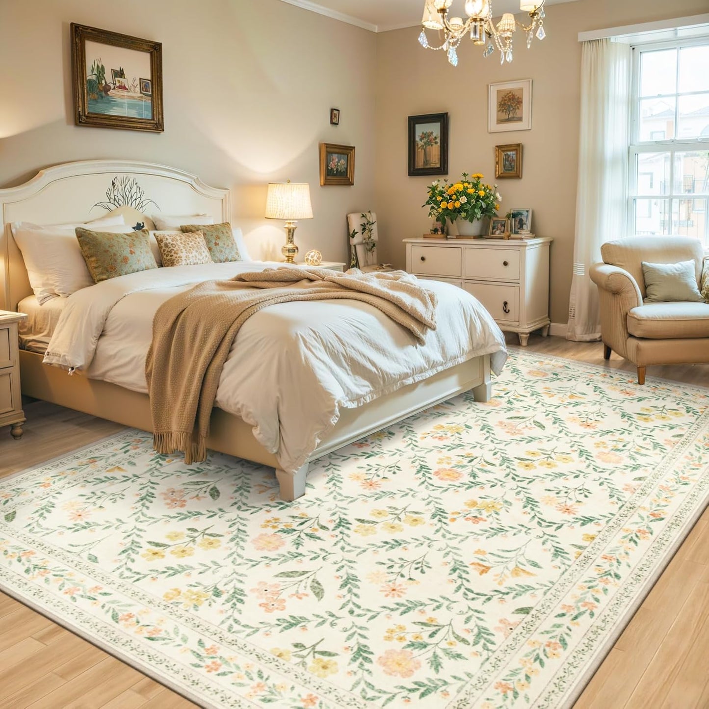 10x14 Area Rugs for Living Room: Floral Washable Rug Vintage Large Soft Boho Non-Slip Carpet Stain Resistant Low Pile Carpets for Bedroom Dining Room Farmhouse Nursery Hallway Home Office Beige/Multi