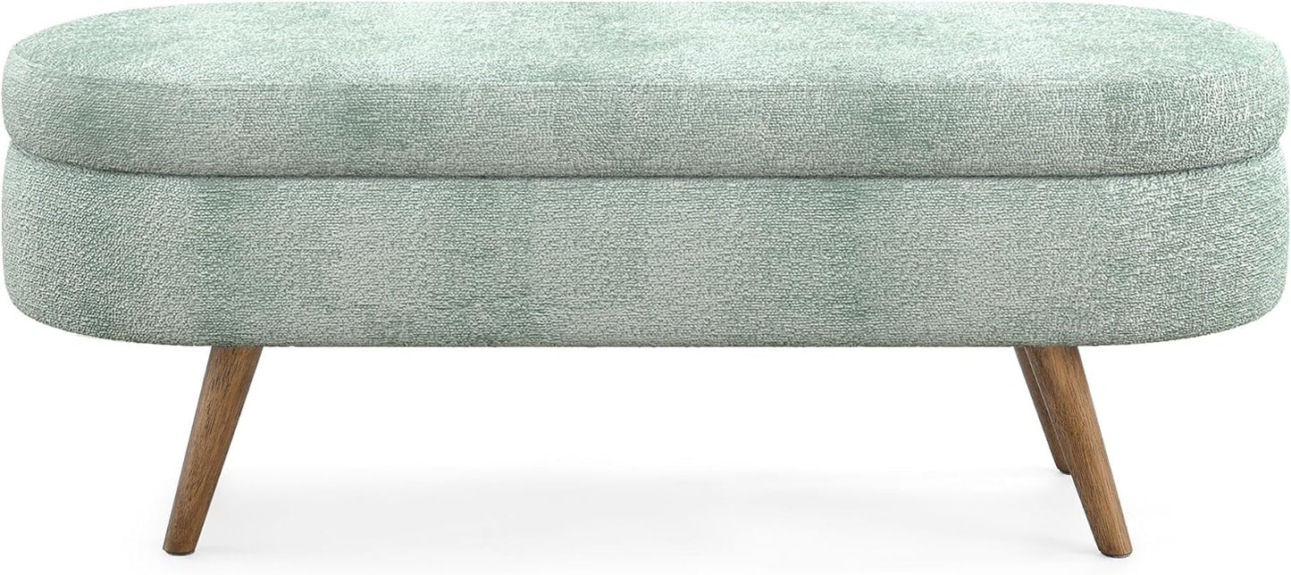 Oval Storage Bench 43.5" Linen Fabric Upholstered Entryway Bench with Solid Wood Legs Ottoman Bench Indoor Bench for Living Room/Bedroom/End of Bed/Entryway (Cyan)