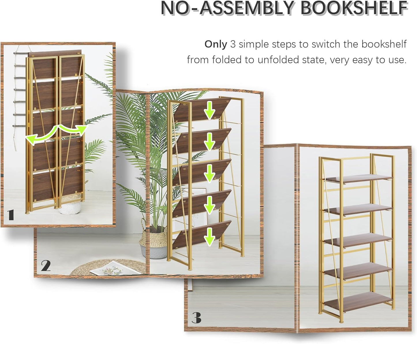 4NM No Assembly Folding Bookshelf, 5-Shelf 62.2" H Collapsible Foldable Bookcase Storage for Small Spaces, Brown and Golden