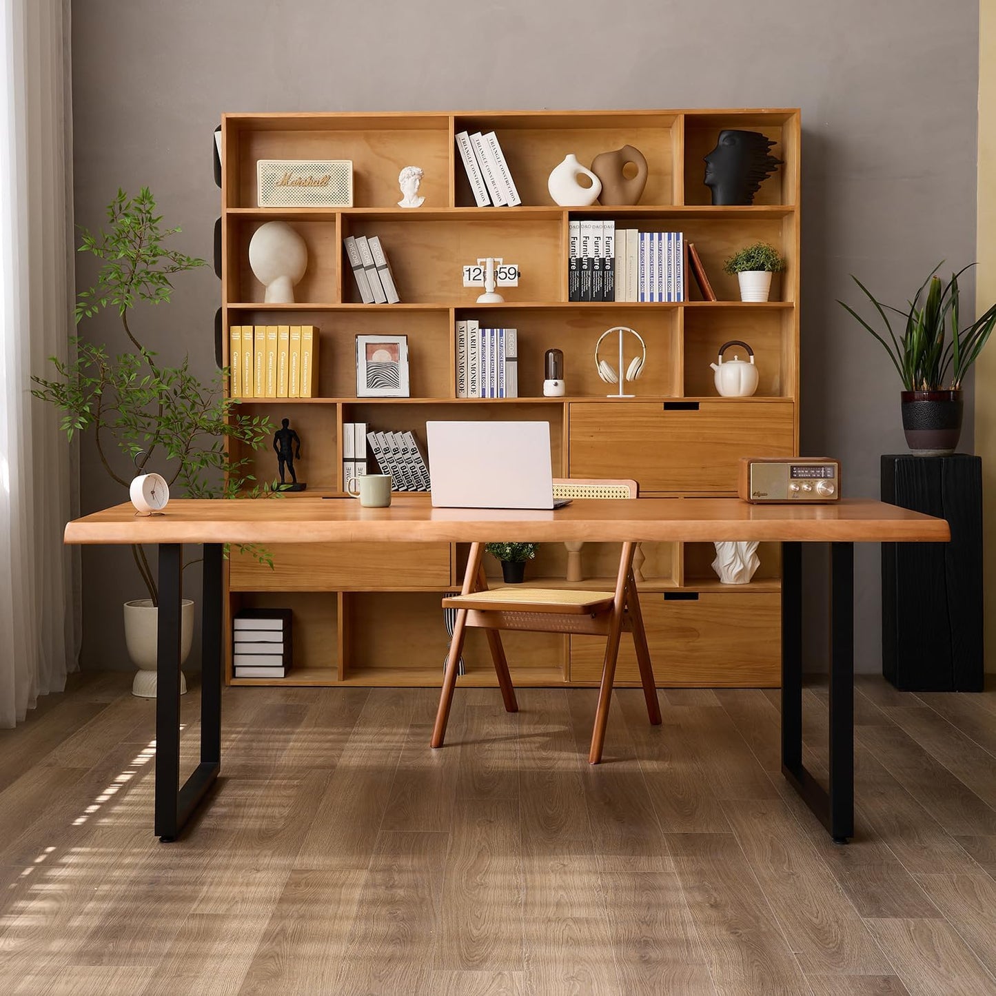 Solid Wood Office Desk with Metal Base Stylish Durable Multi-Size Options Executive Computer Desk or Dining Table Quality Solid Wood Design Perfect for Home Office or Work Environment (Tan55.12in)