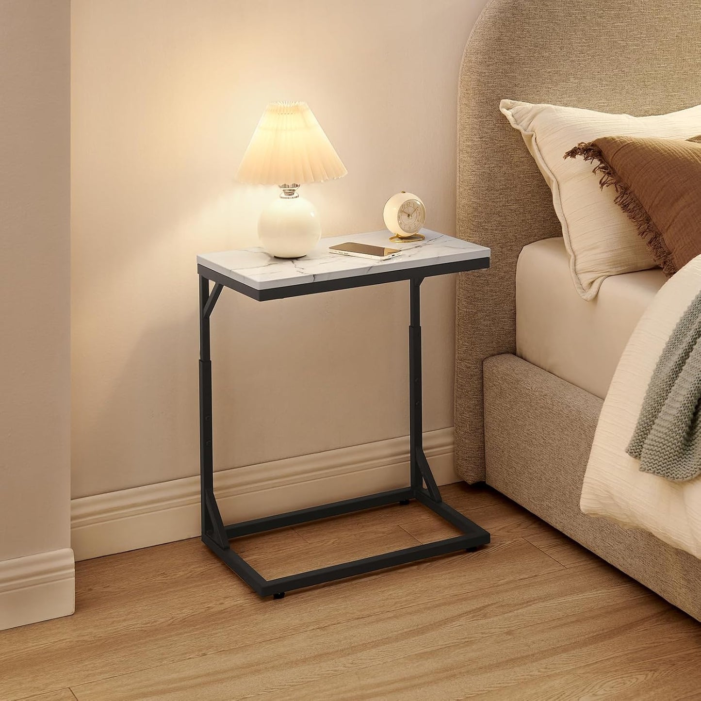 C-Shaped End Table, Small Sofa Table with Metal Frame, Adjustable Height Side Table for Couch, Living Room, Bedroom, Bedside (Black, Medium)