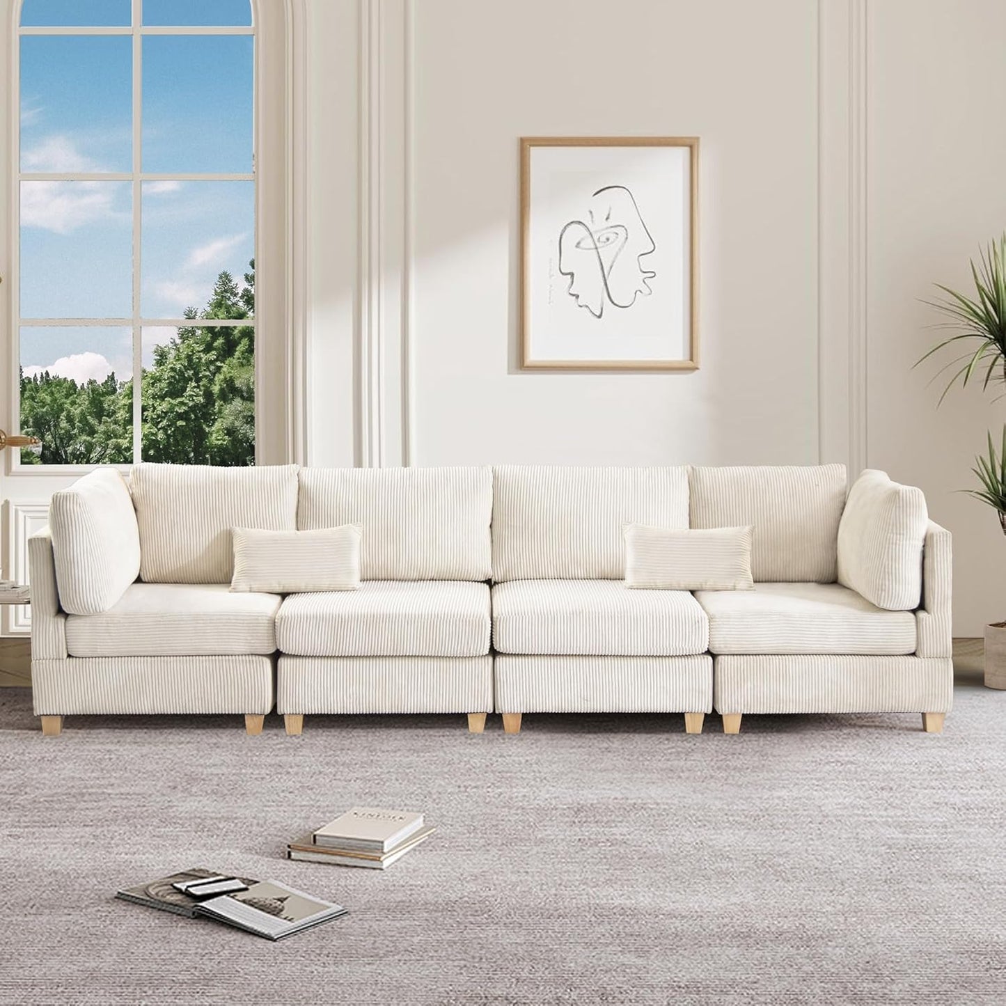 126" Convertible L-Shaped Modular Sectional Sofa, 4 Seater Corduroy Upholstered Corner Sofa Couch with Extra Wide Deep Seat, DIY Combination Lounger Sofa with Solid Wood Legs for Living Room Office