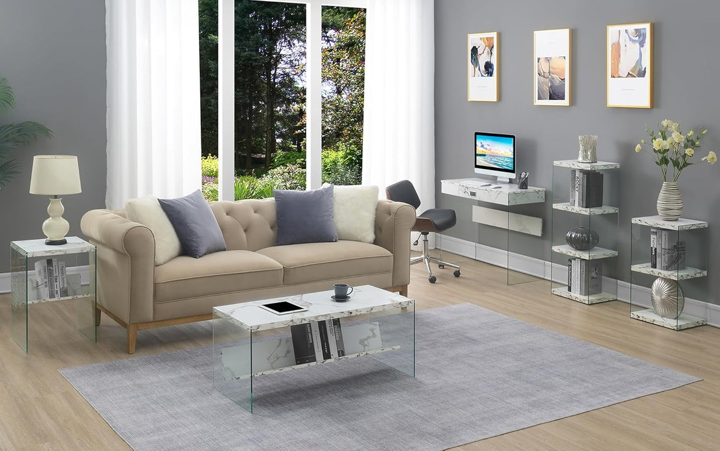 Convenience Concepts SoHo Glass Modern Living Storage Shelf, Contemporary Coffee Table for Family Room, 40", Faux White Marble