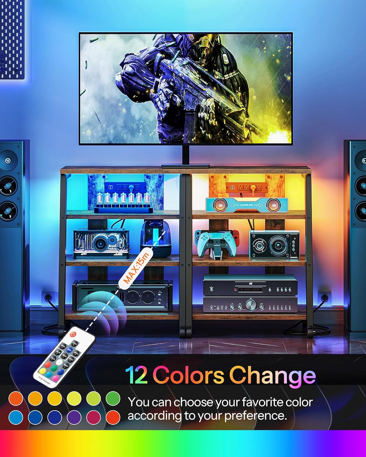 4-Tier AV Media Stand with Wheels, Stereo Stands, Media Console Shelf with Power Strips, LED Lights, Wooden Audio Cabinet Rack Tower, Rustic Brown and Black TCJ60UDBF