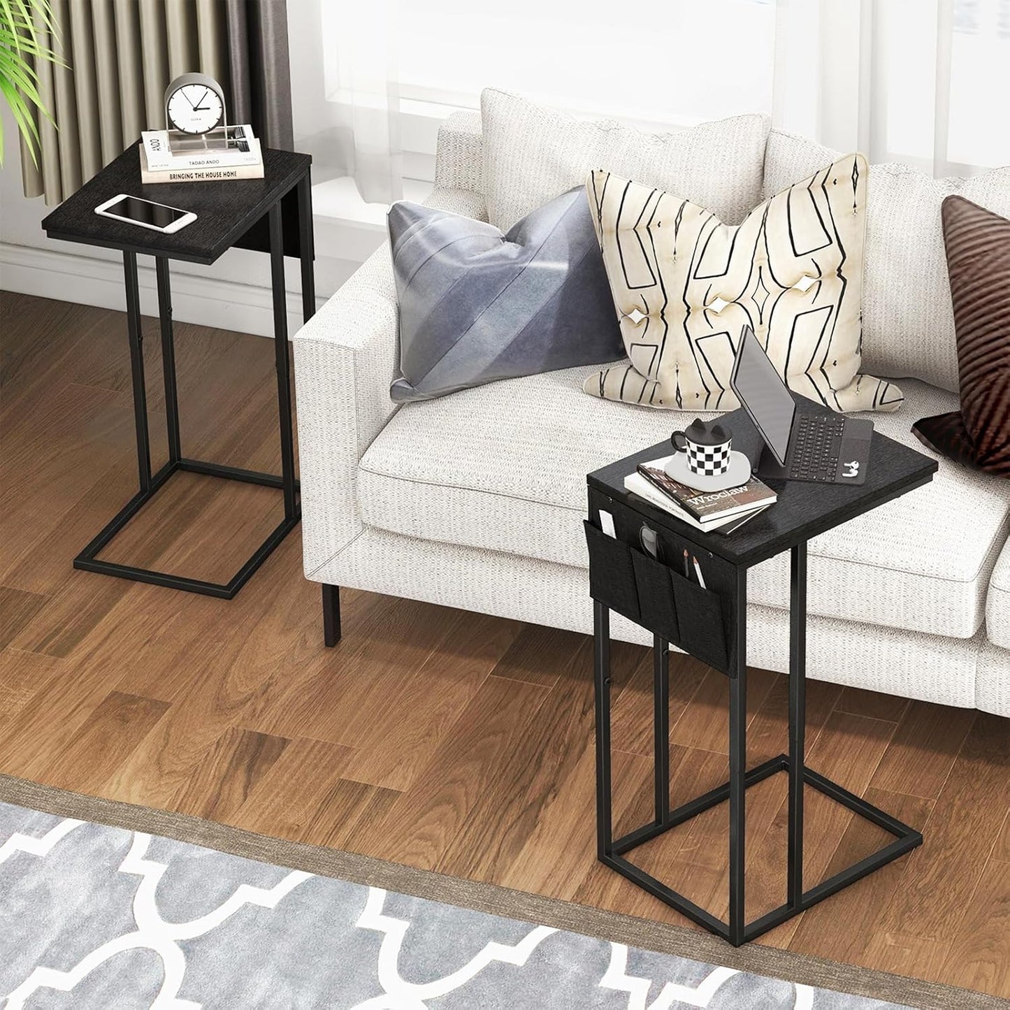 C Shaped End Table Set of 2, Side Table for Living Room, Couch Tables That Slide Under, TV Tray Snack Table for Sofa, Black