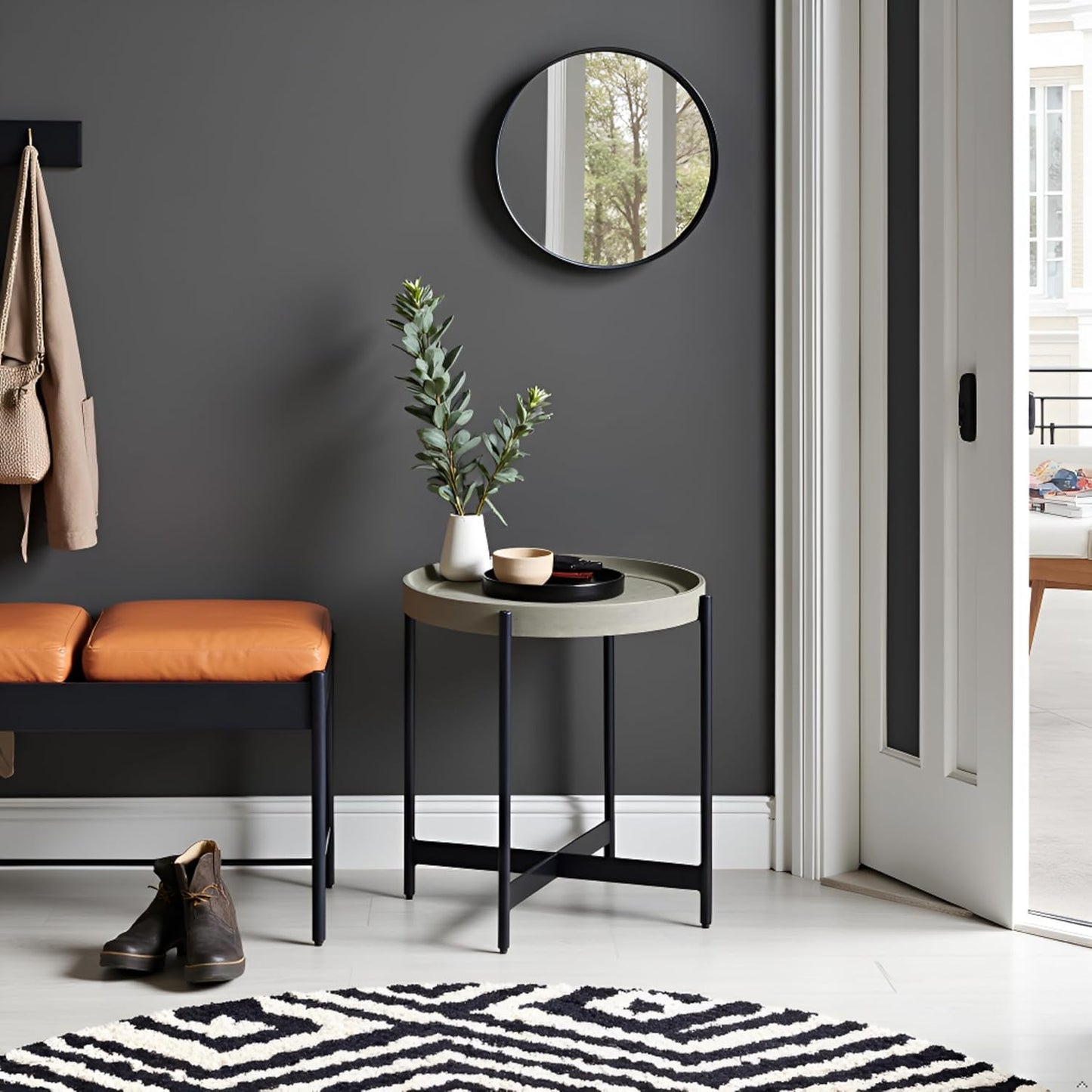 Alaterre Furniture Brookline 20-Inch Round Wood End Table with Concrete Coating and Powder-Coated Iron Legs – Tray Style Top Home Accent for Living Room, Bedroom or Office (Gray)