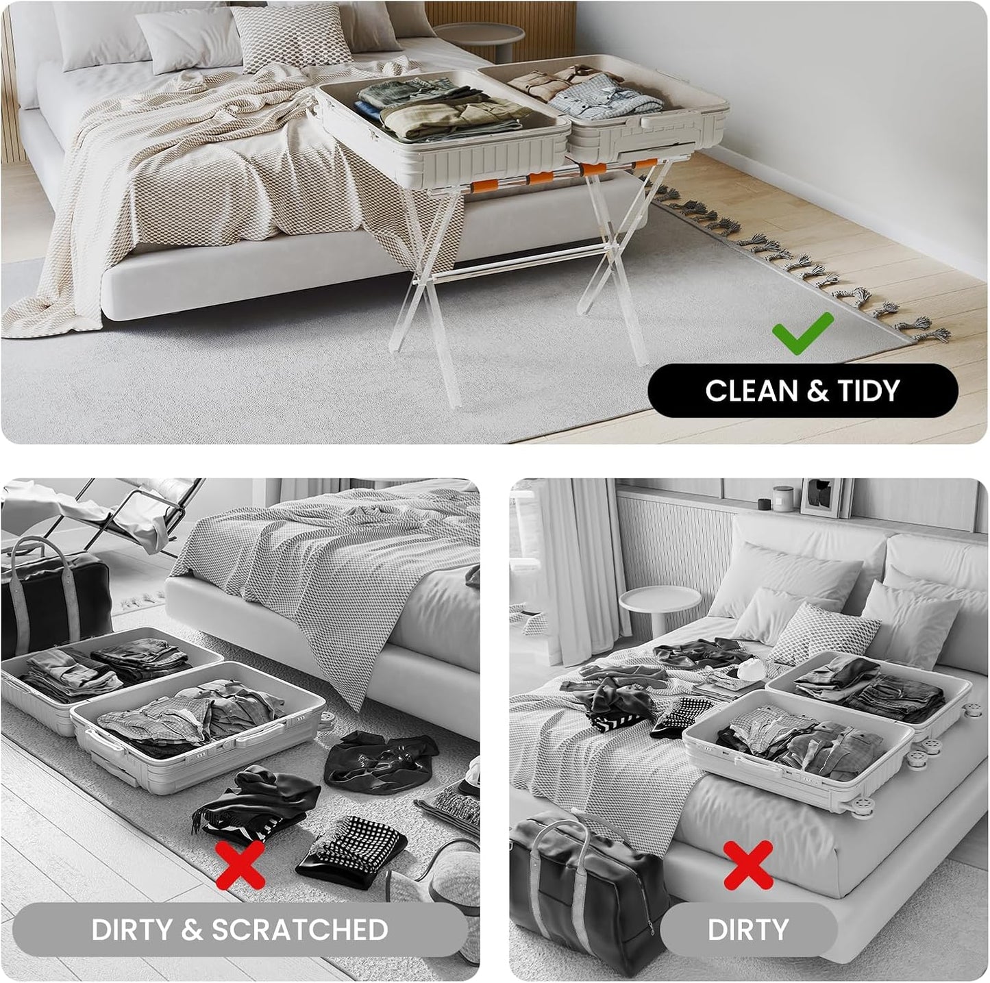 Sumerflos Acrylic Luggage Rack for Guest Room - Foldable Suitcase Stand with Leather Straps for Bedroom Living Room Hotel Heavy-Duty, Holds up to 50-100 lb lightweight Space Saving (Orange & Handle - 1 Pcs)