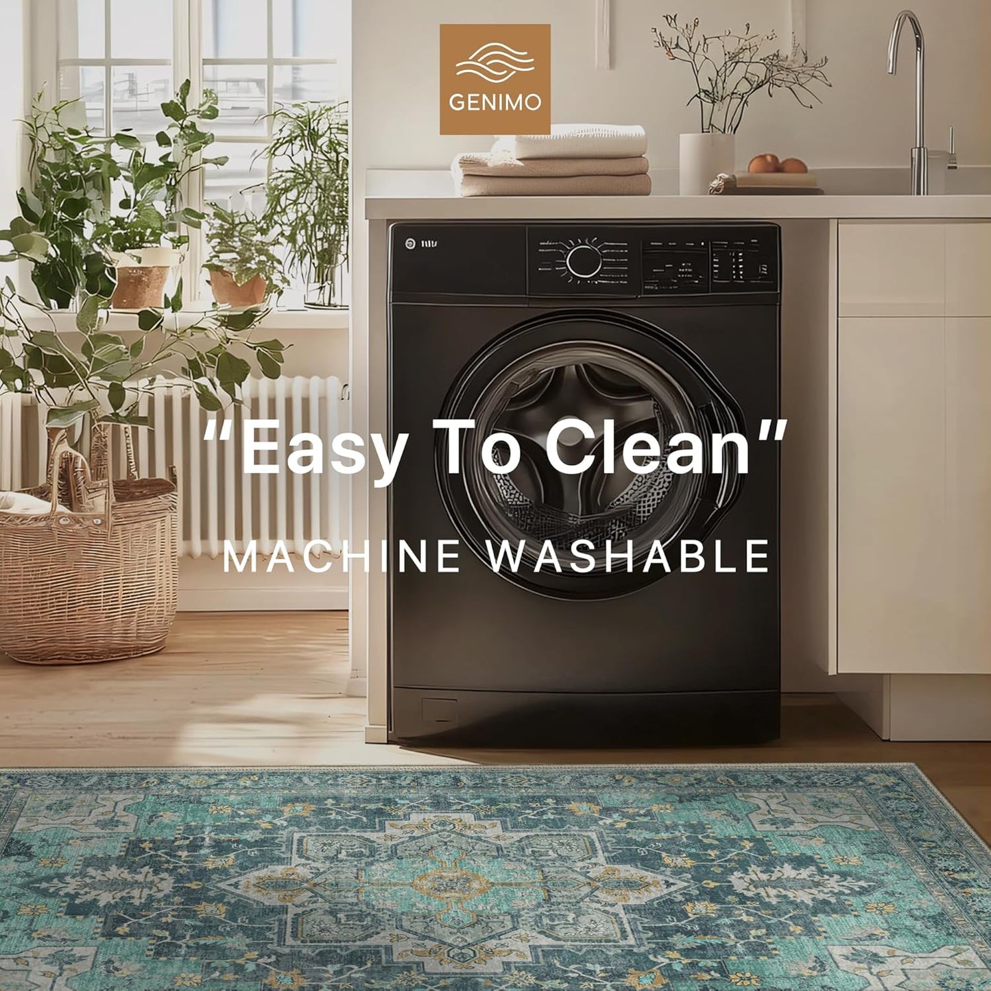 GENIMO 9x12 Area Rugs for Living Room, Machine Washable Non Slip Vintage Rugs, Low Pile Lightweight Chenille Print Rug for Bedroom, Dining Room, Home Office, Dark Green