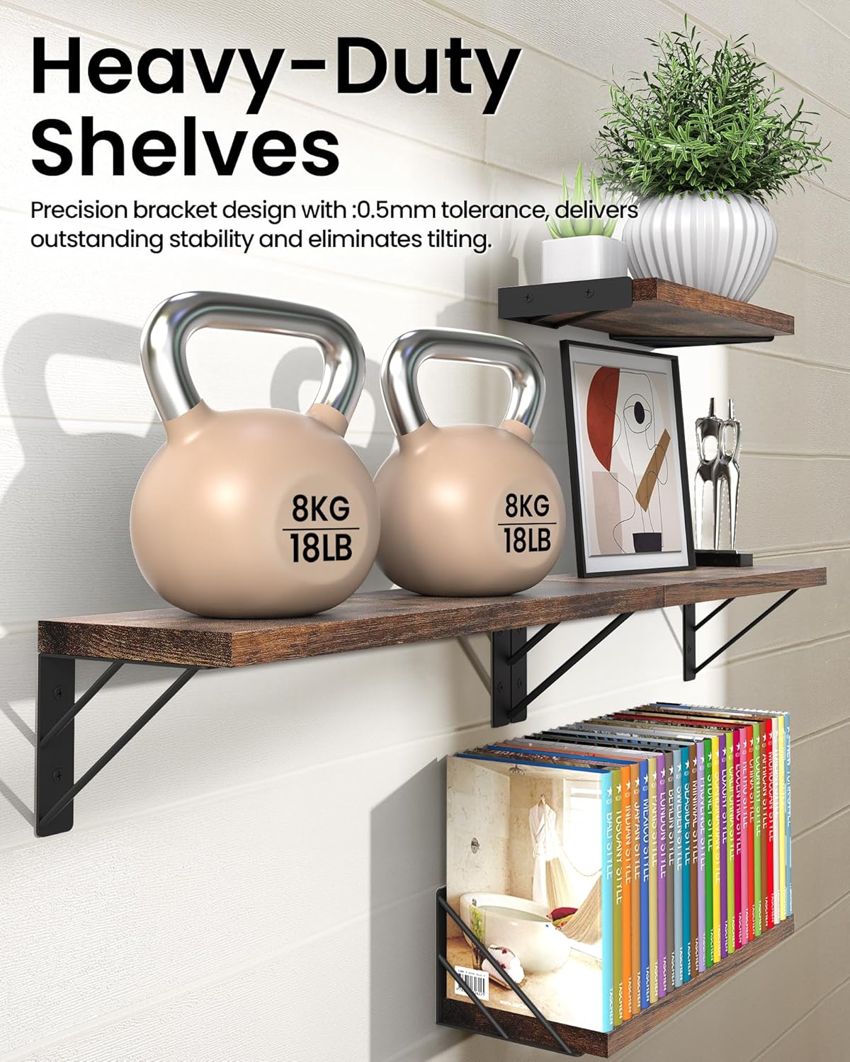 BAYKA Wall Shelves for Bedroom Decor, Floating Wall Shelves for Living Room Kitchen Storage, Wall Mounted Rustic Wood Floating Shelves for Kids Books, Corner Shelf for Bathroom(Rustic Brown,Set of 4)