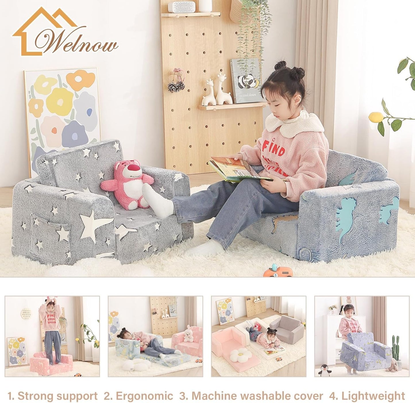 Welnow Toddler Chair, 2-in-1 Soft Sherpa Kids Sofa, Convertible Toddler Couch Lounger, Flip Out Kids Couch Chair with Side Pockets & Removable Cover for Girls and Boys, Pink